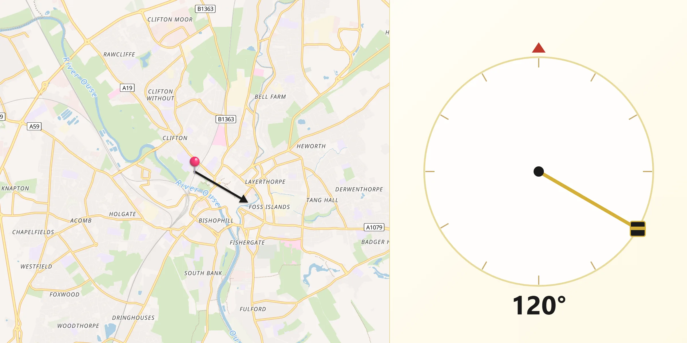 Qibla Direction from City of York
