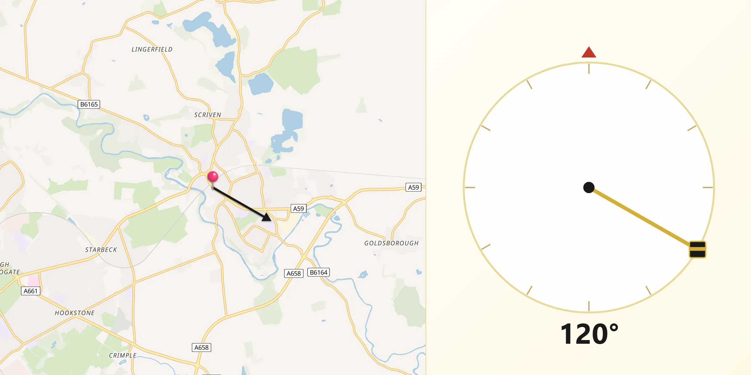 Qibla Direction from Knaresborough