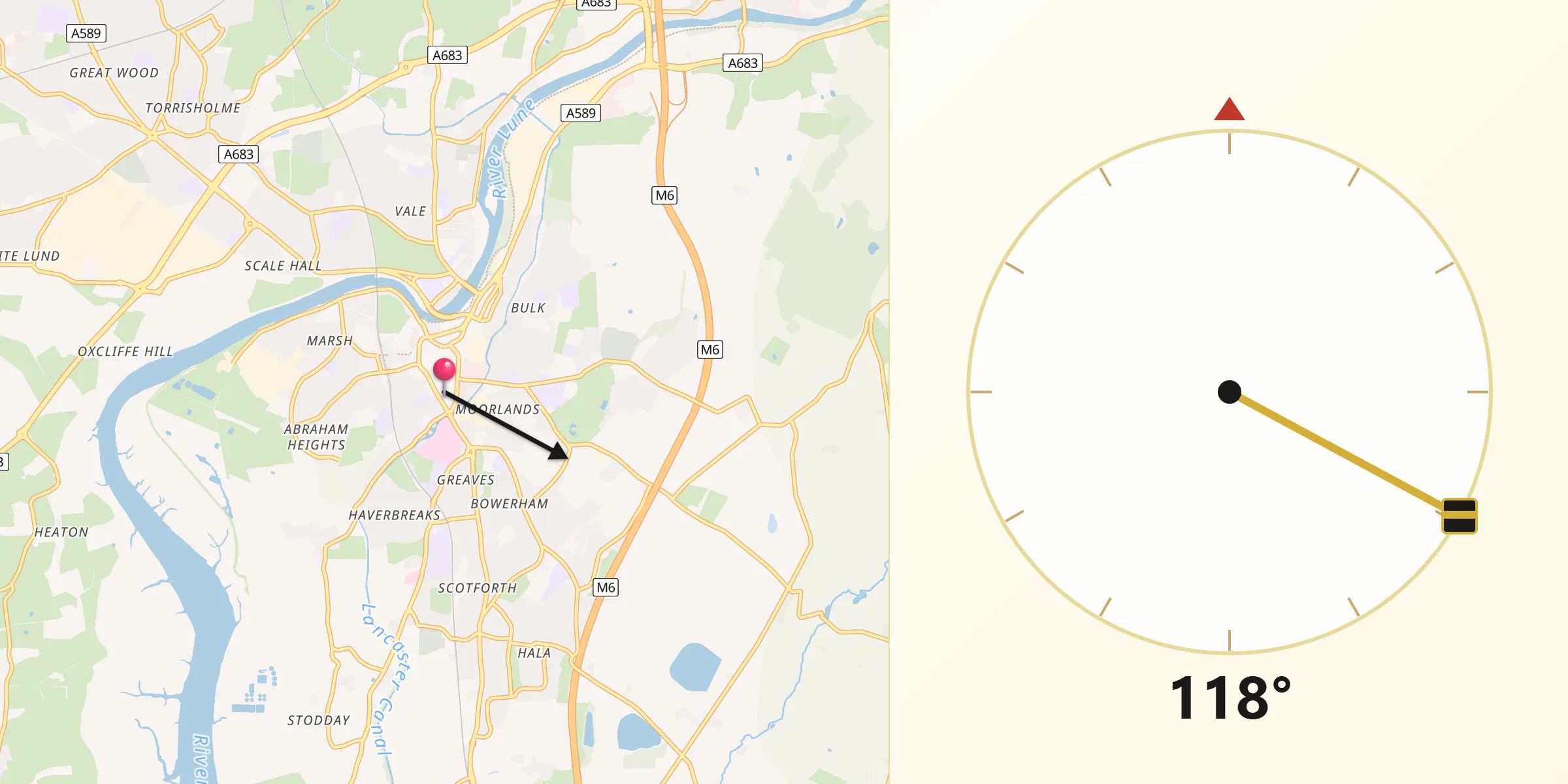 Qibla Direction from Lancaster