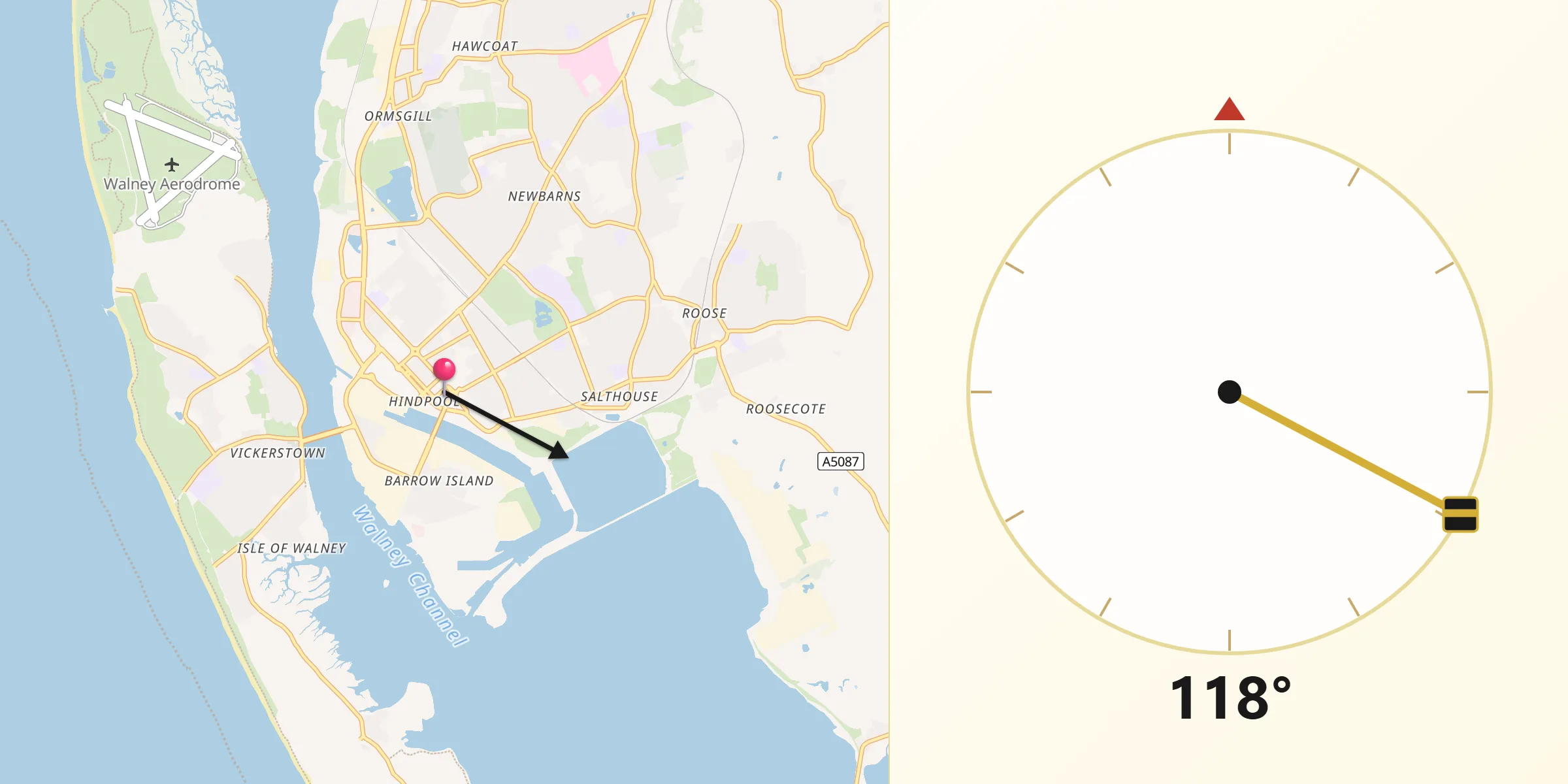 Qibla Direction from Barrow in Furness