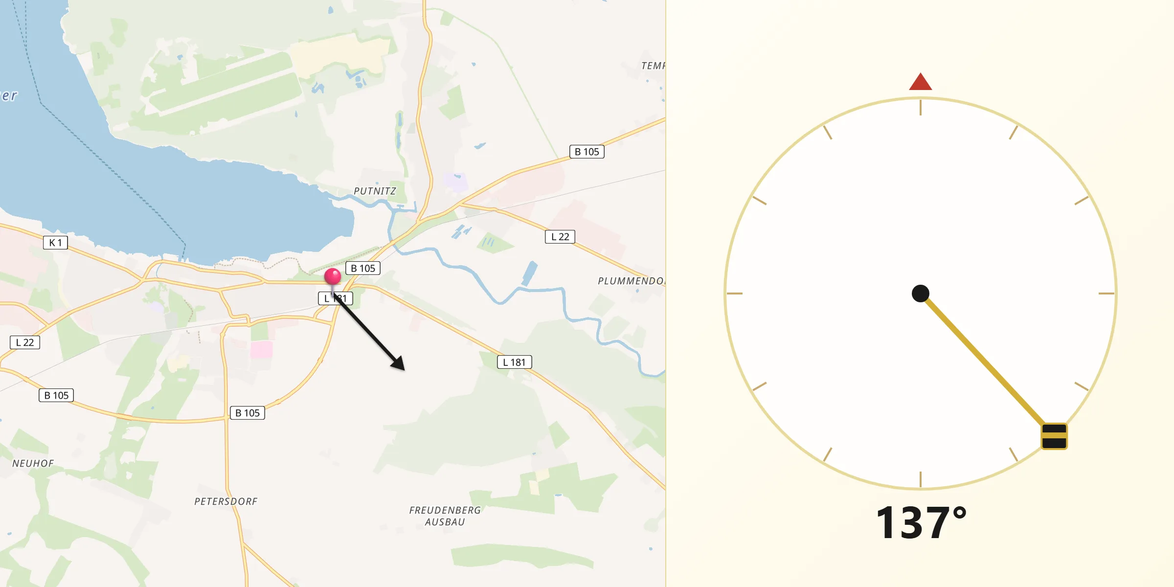Qibla-Richtung von Ribnitz-Damgarten