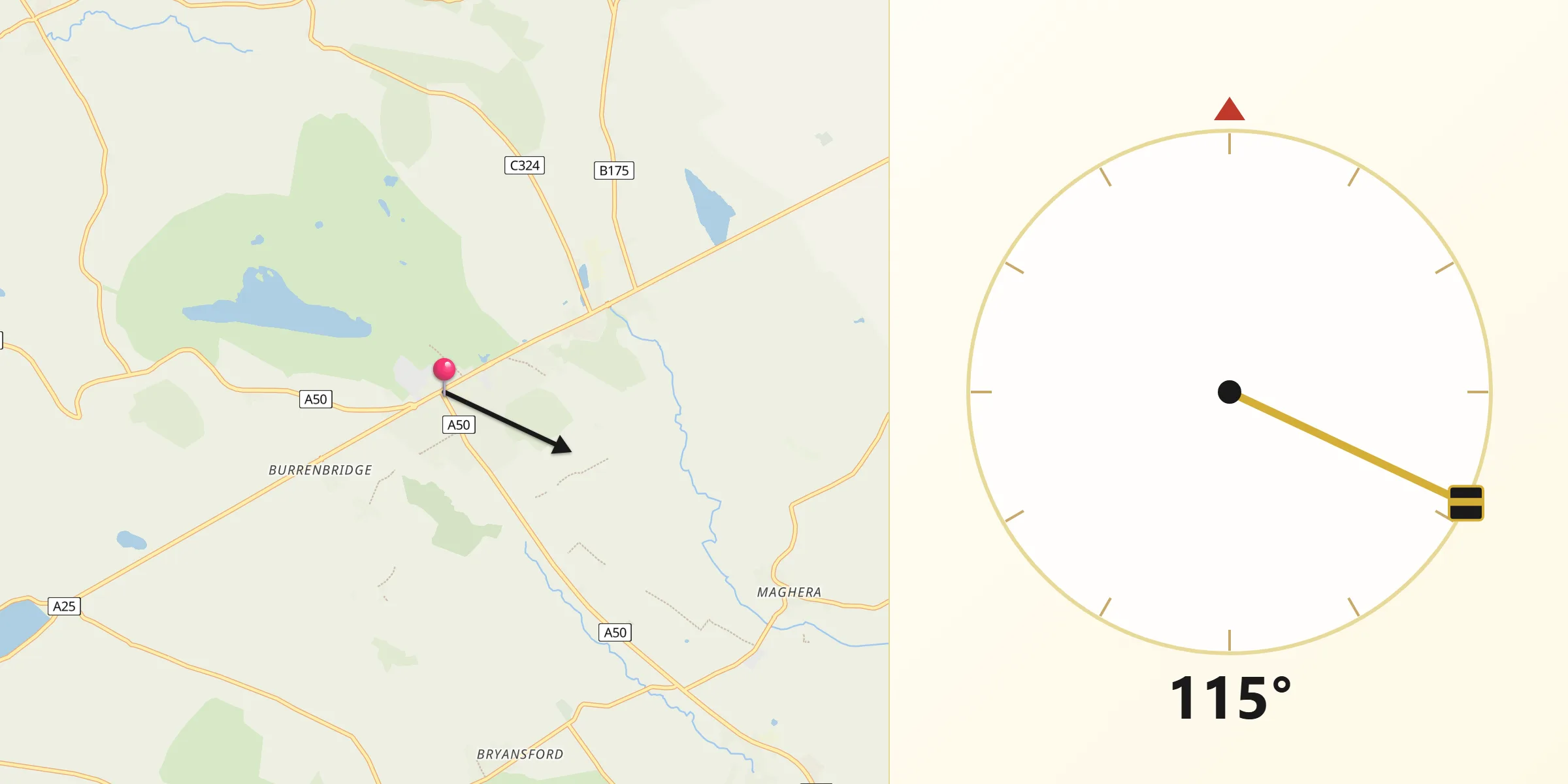 Qibla Direction from Castlewellan