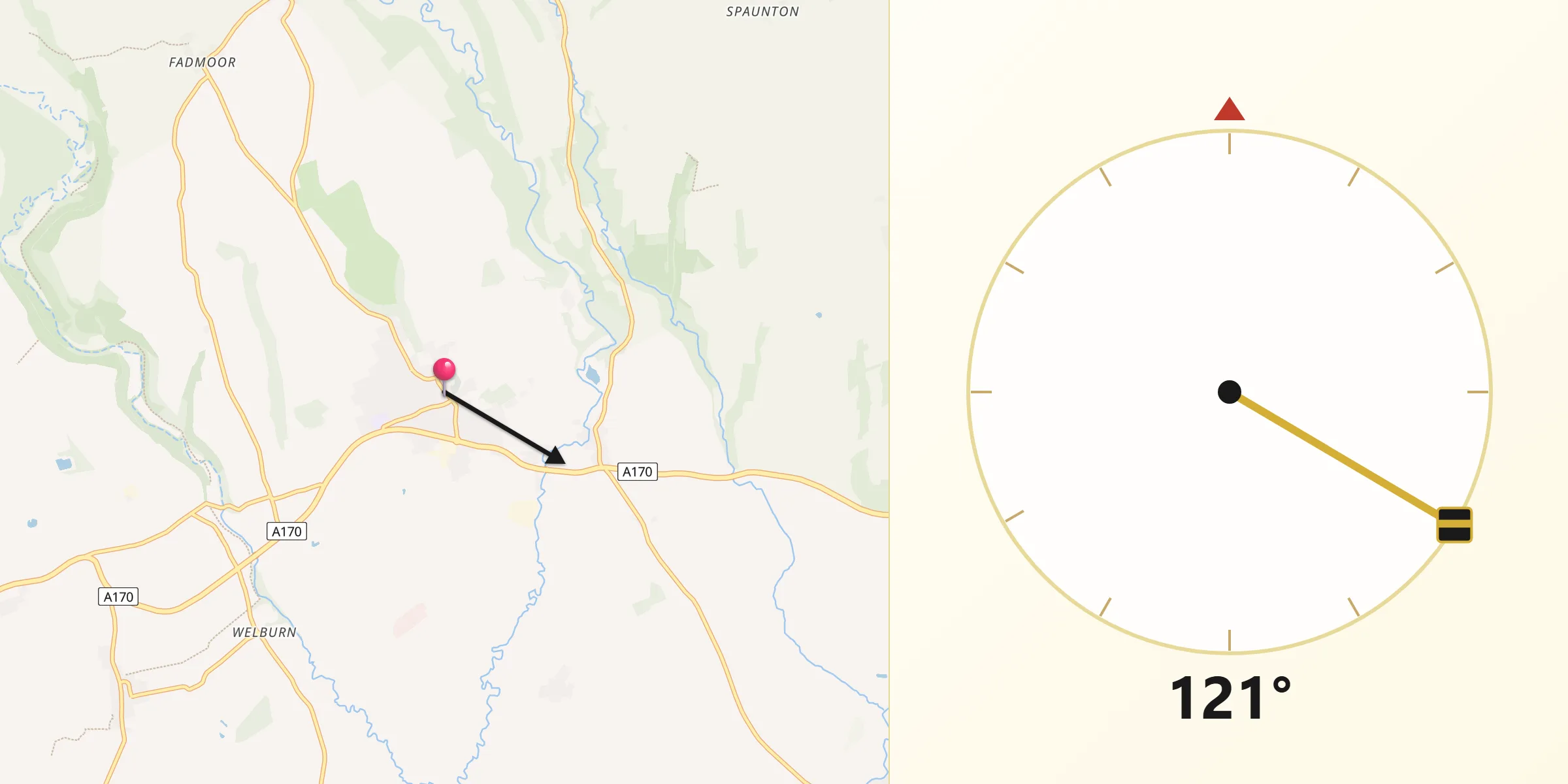 Qibla Direction from Kirkbymoorside
