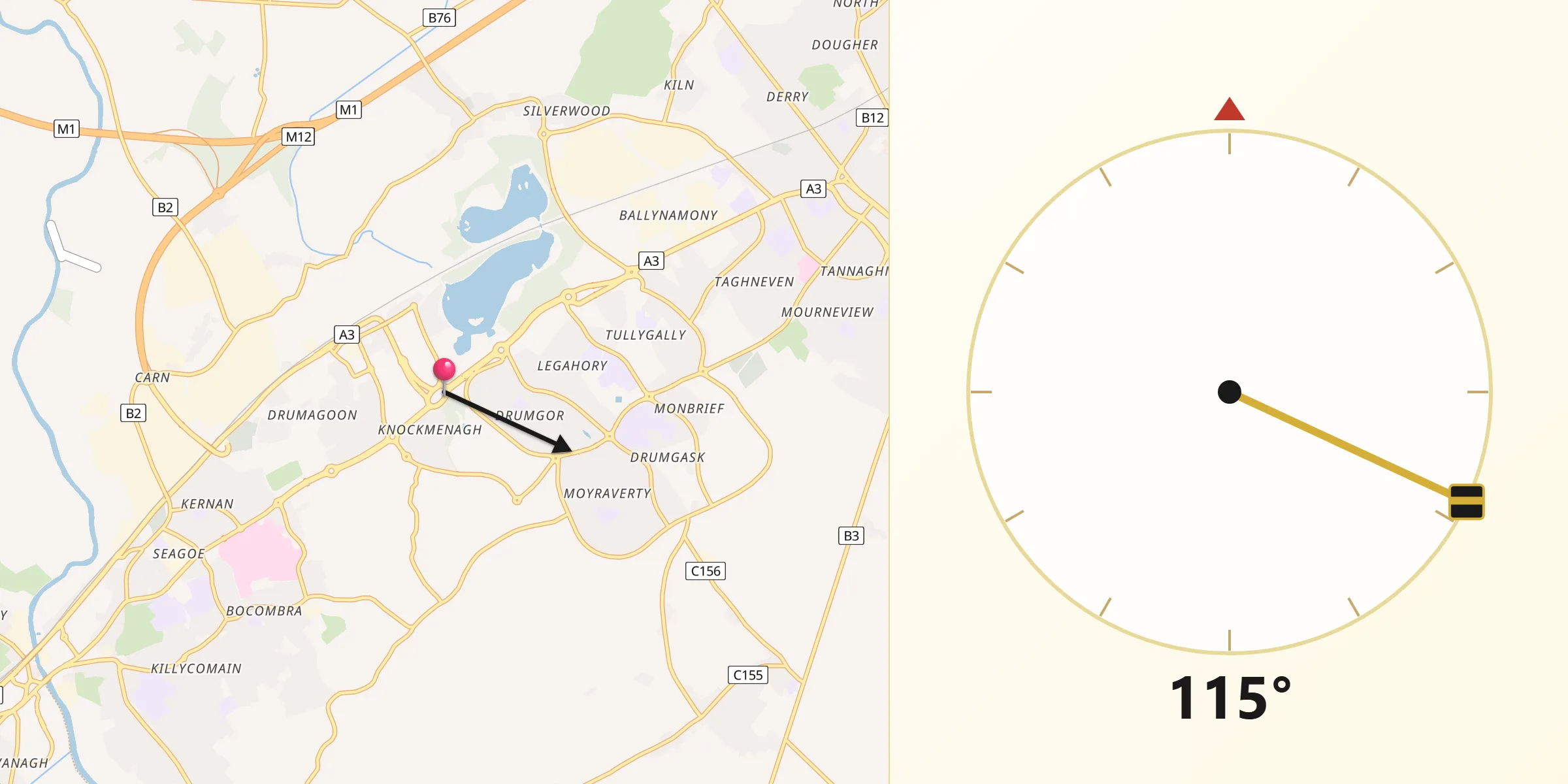 Qibla Direction from Craigavon