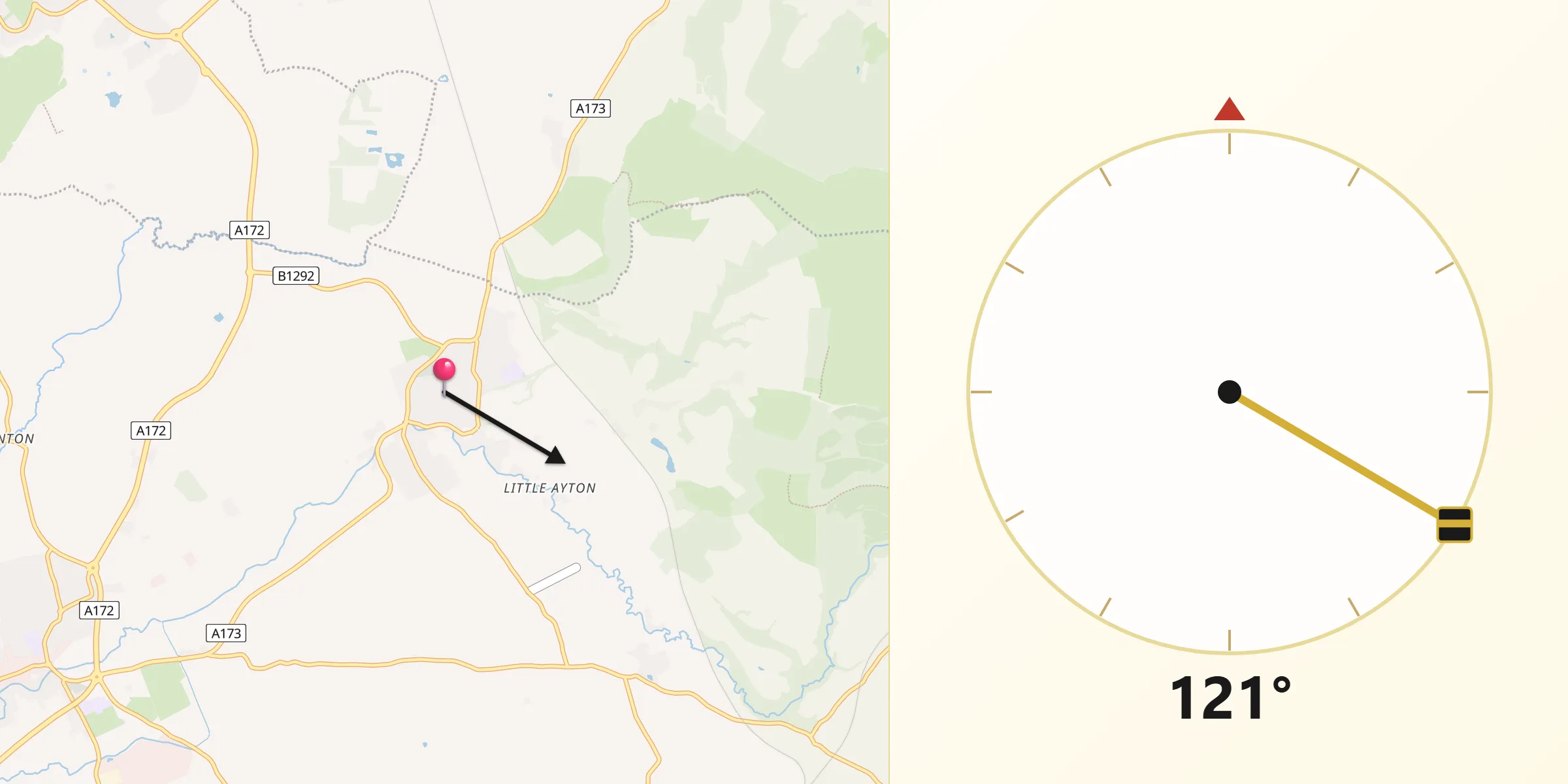 Qibla Direction from Great Ayton