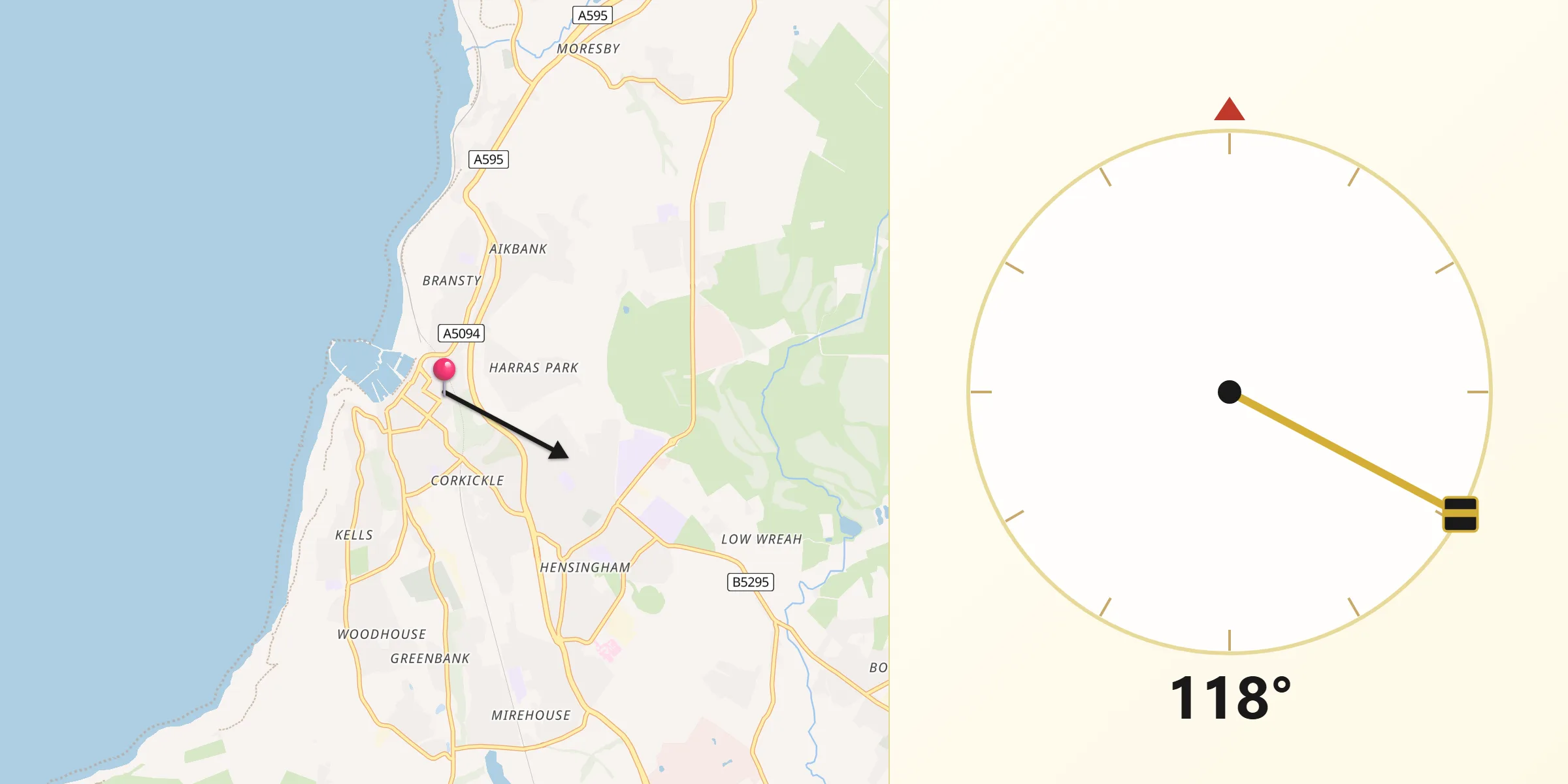 Qibla Direction from Whitehaven