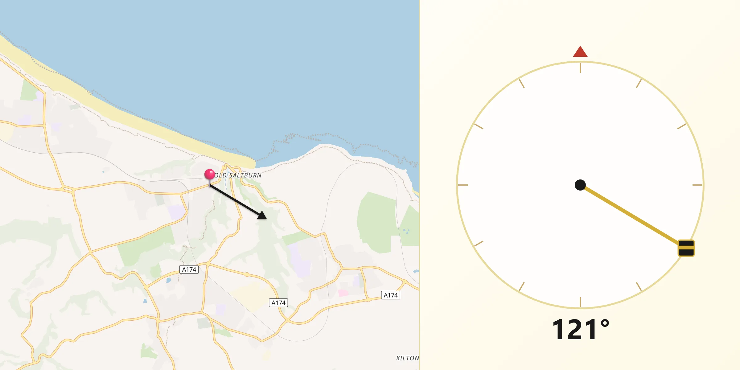 Qibla Direction from Saltburn-by-the-Sea