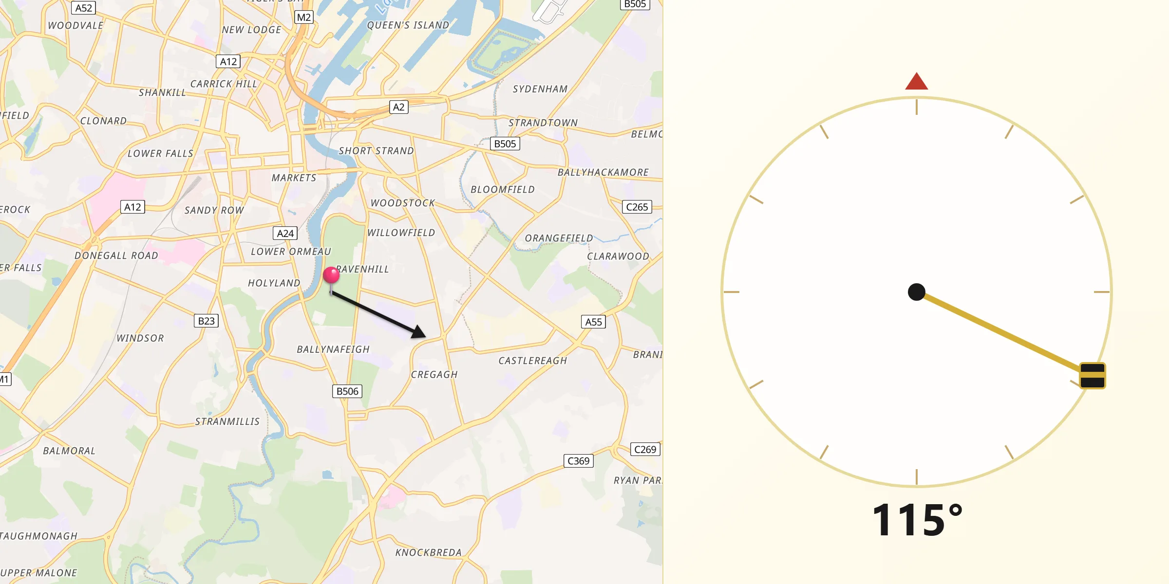 Qibla Direction from City of Belfast