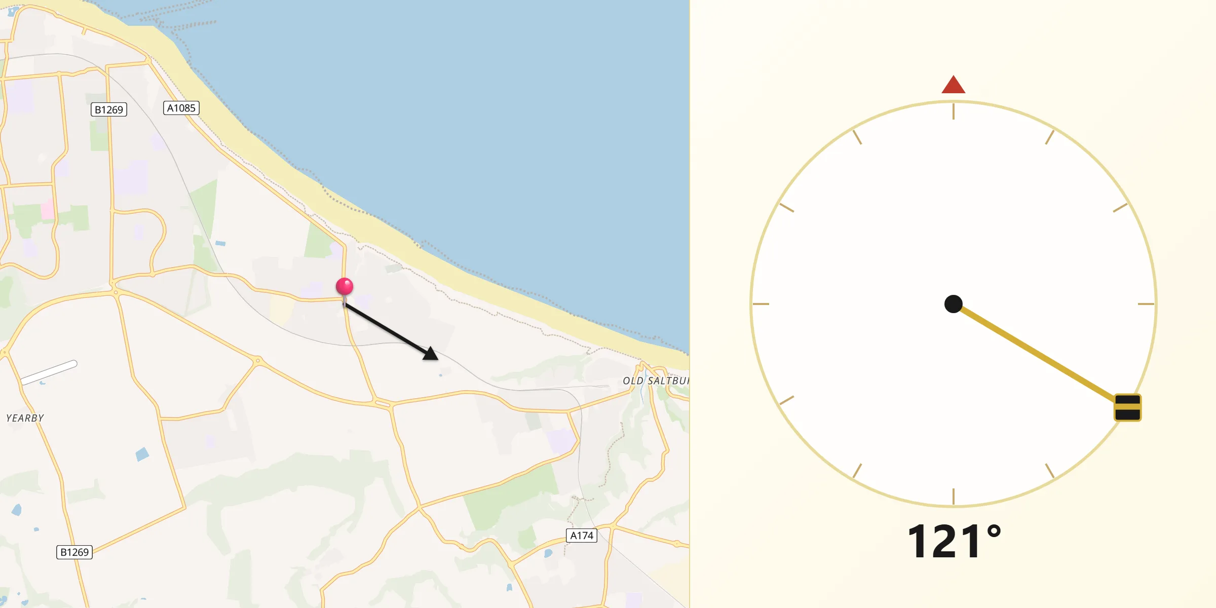 Qibla Direction from Marske-by-the-Sea