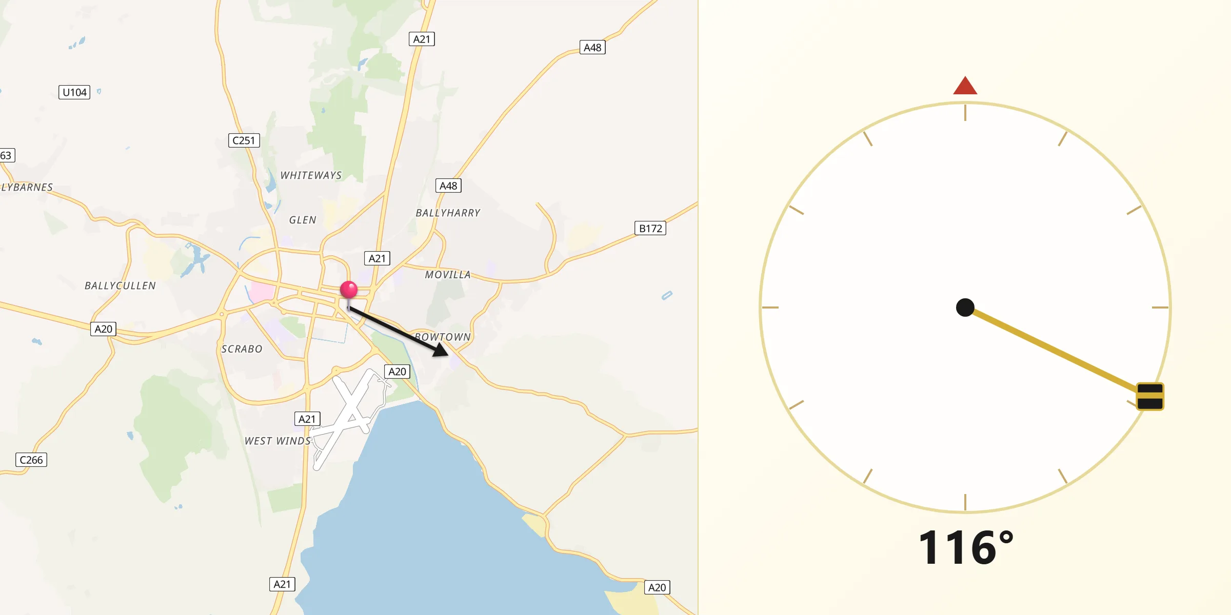 Qibla Direction from Newtownards