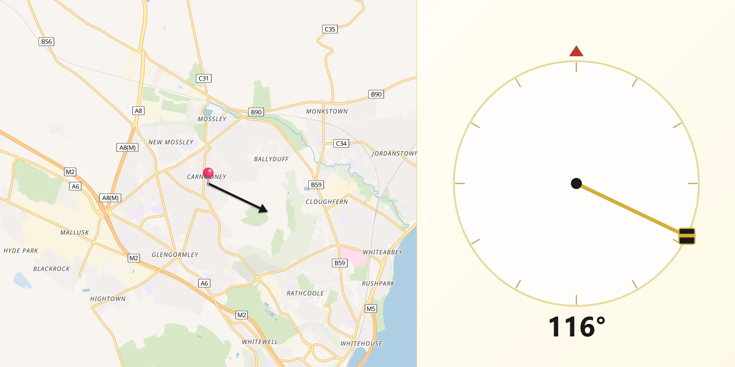 Qibla Direction from Carnmoney