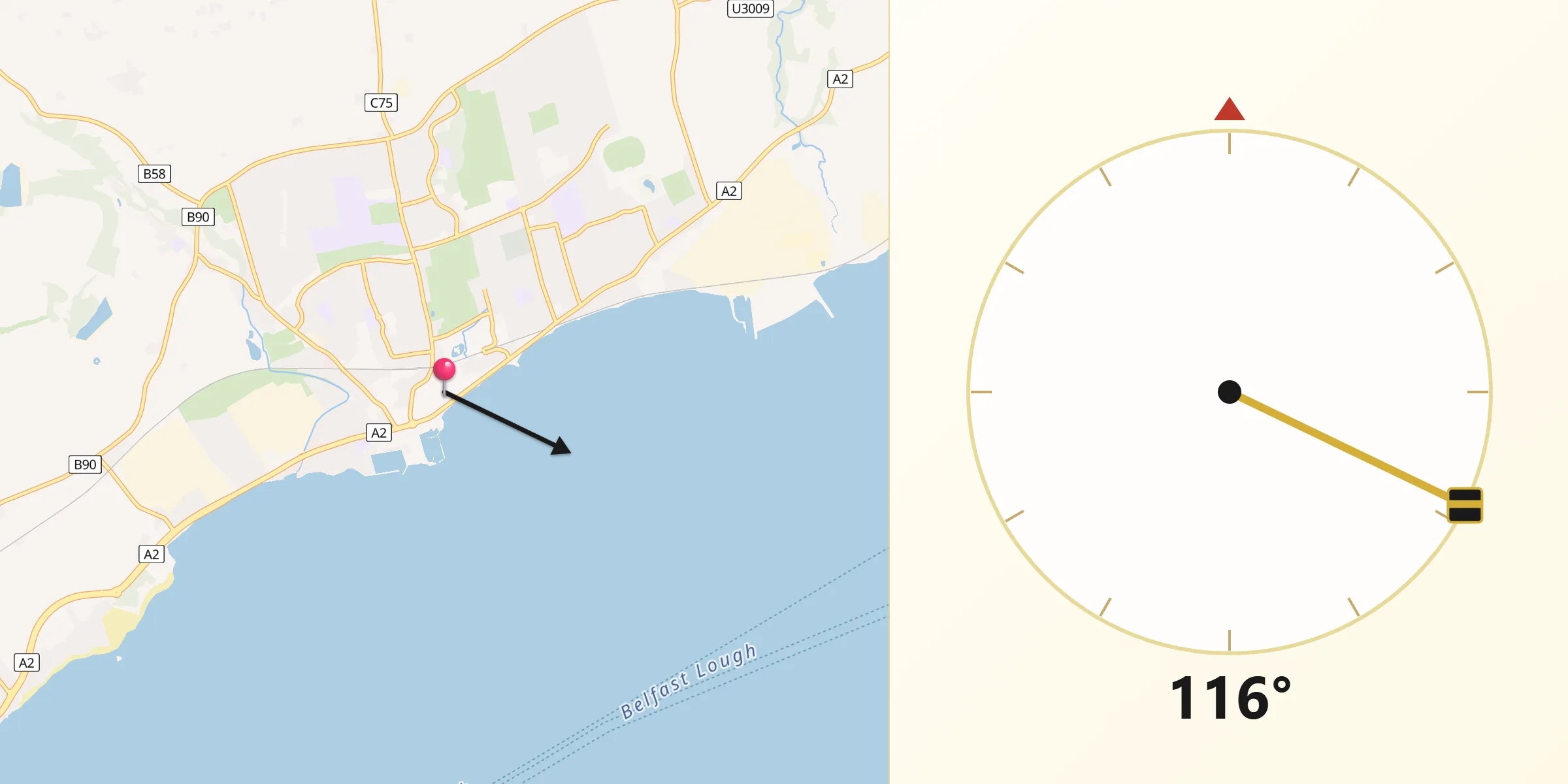 Qibla Direction from Carrickfergus