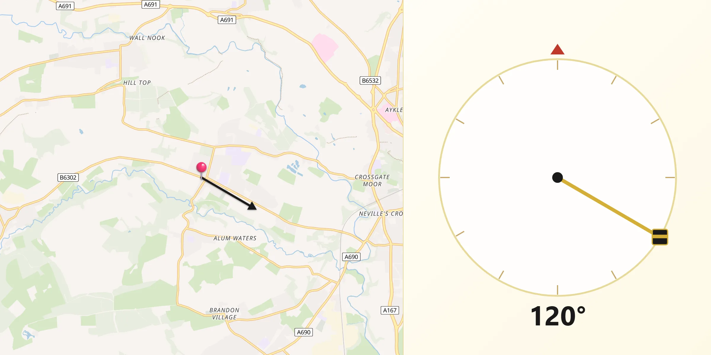 Qibla Direction from Ushaw Moor