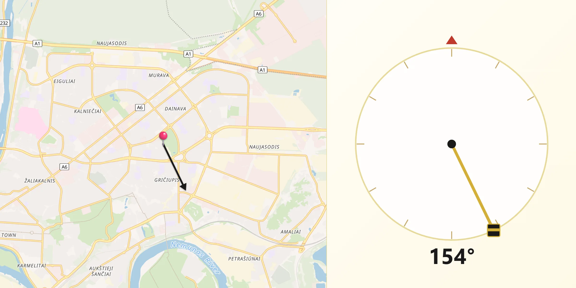 Направление Киблы из Dainava (Kaunas)