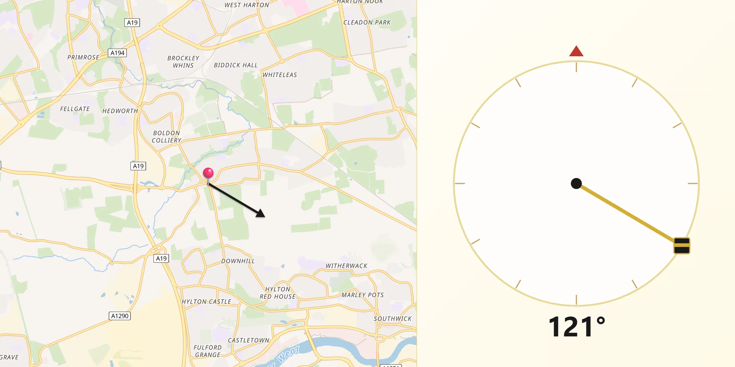 Qibla Direction from The Boldons