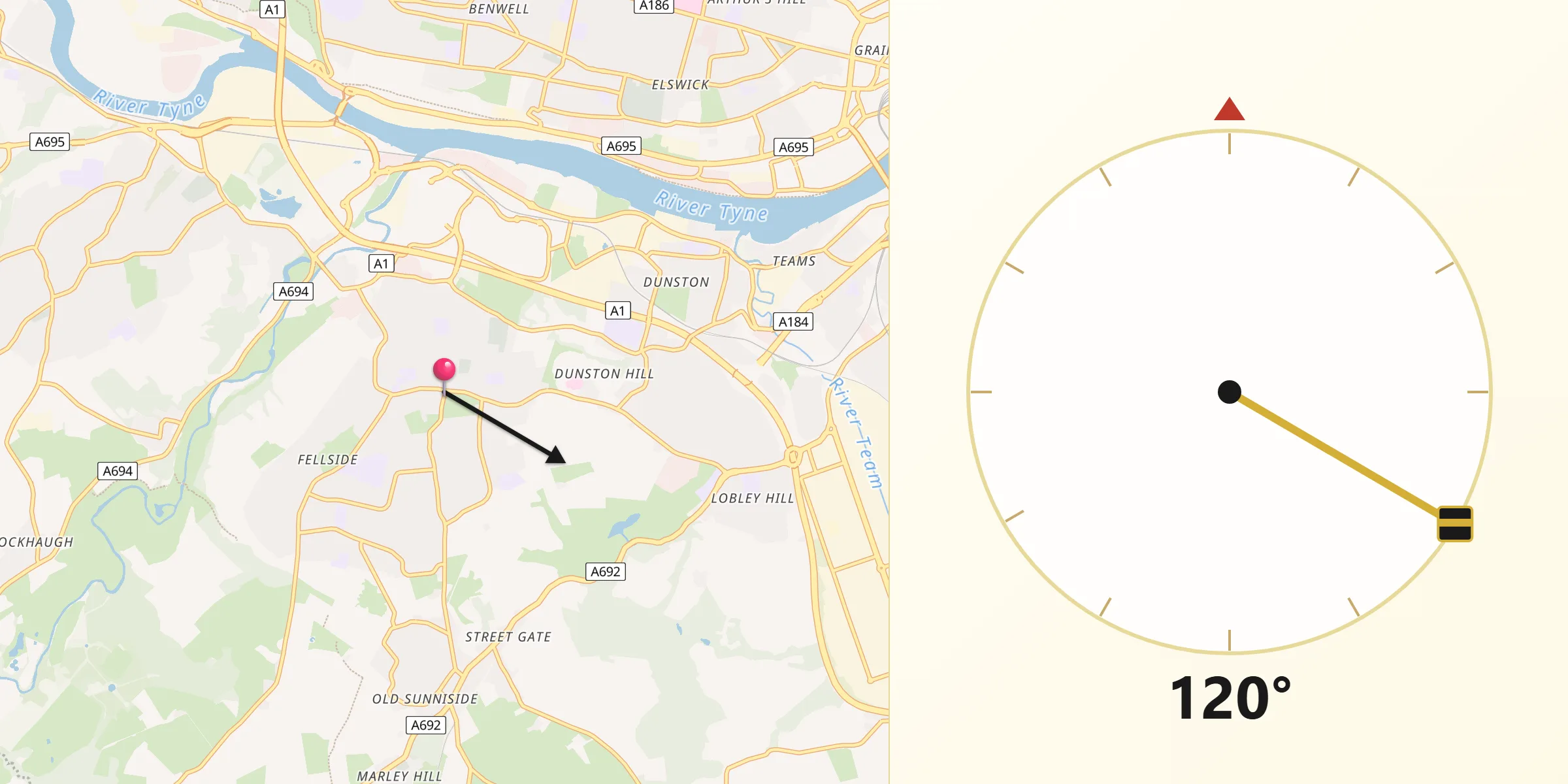 Qibla Direction from Whickham