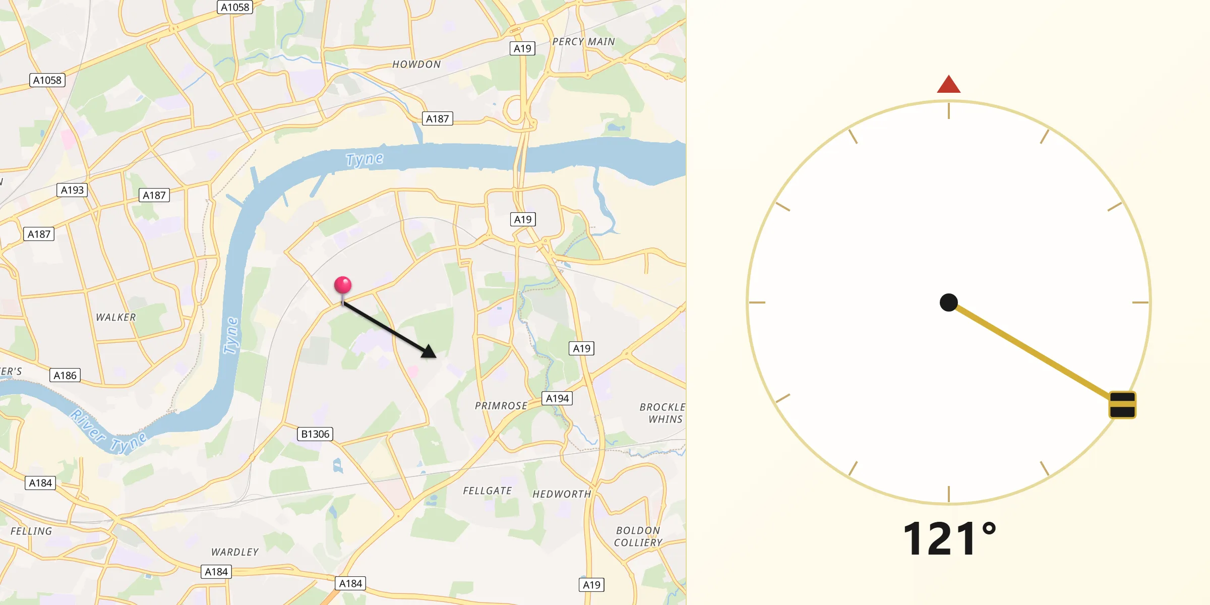 Qibla Direction from Hebburn