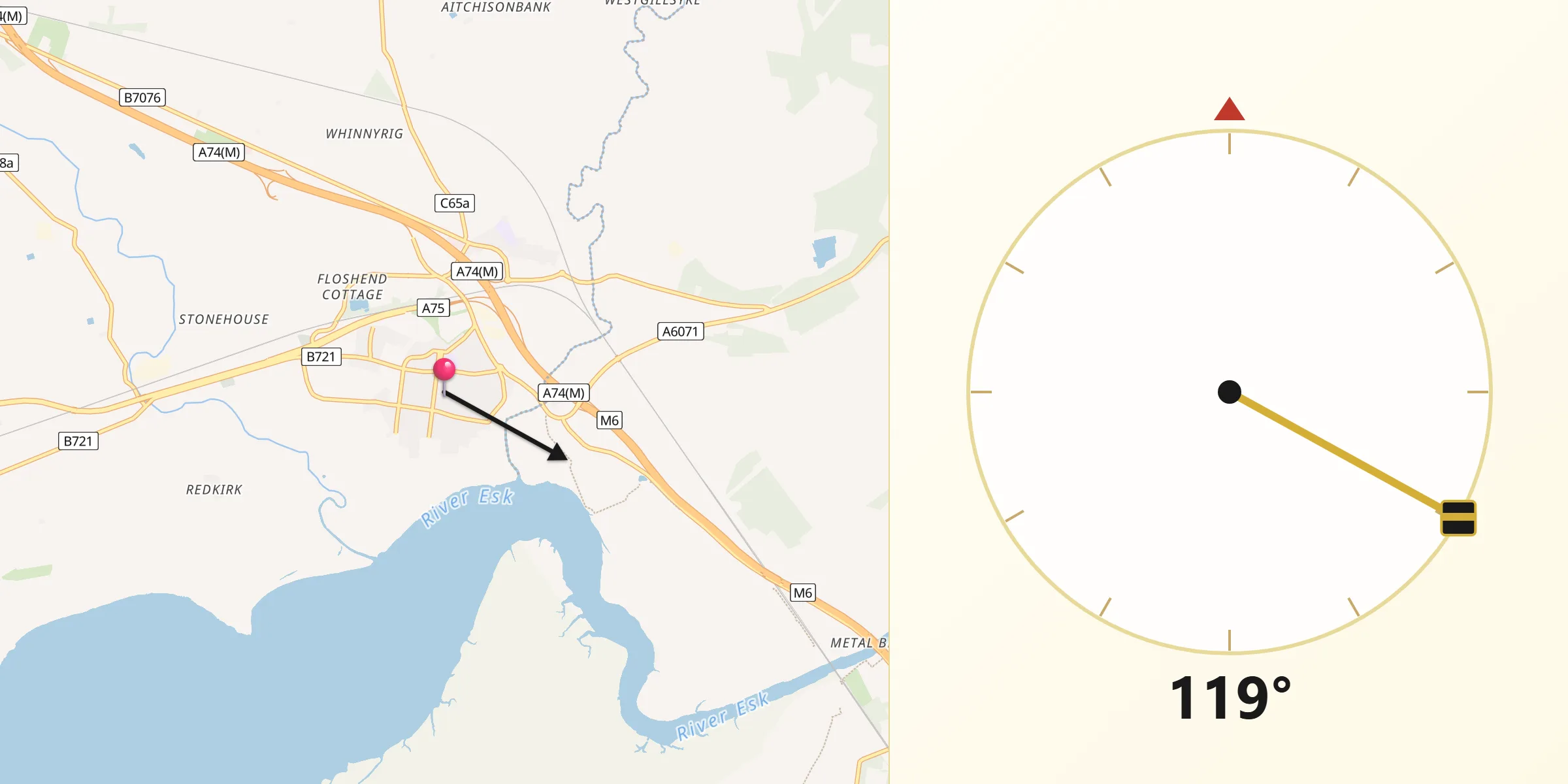 Qibla Direction from Gretna