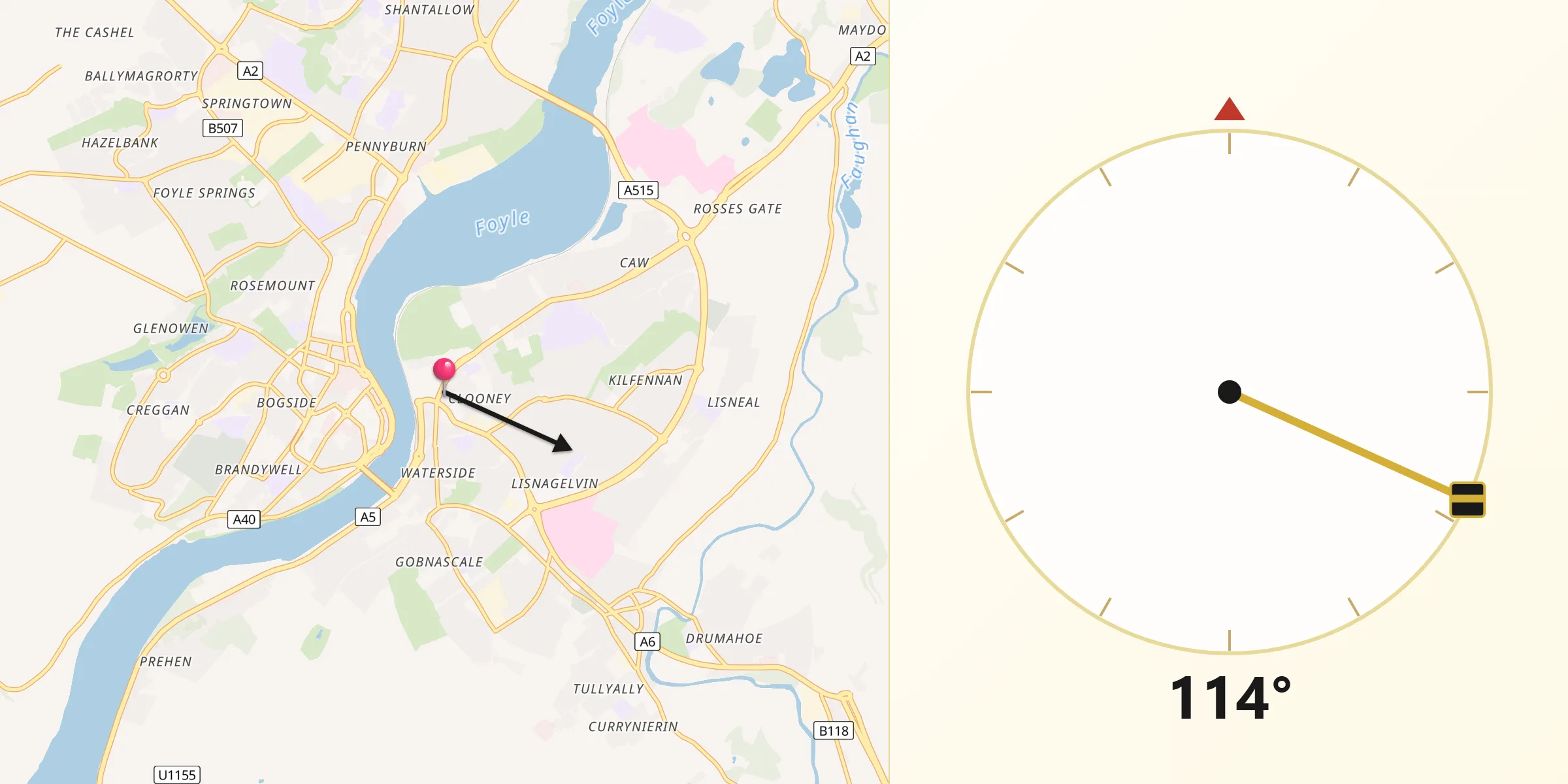 Qibla Direction from Londonderry County Borough