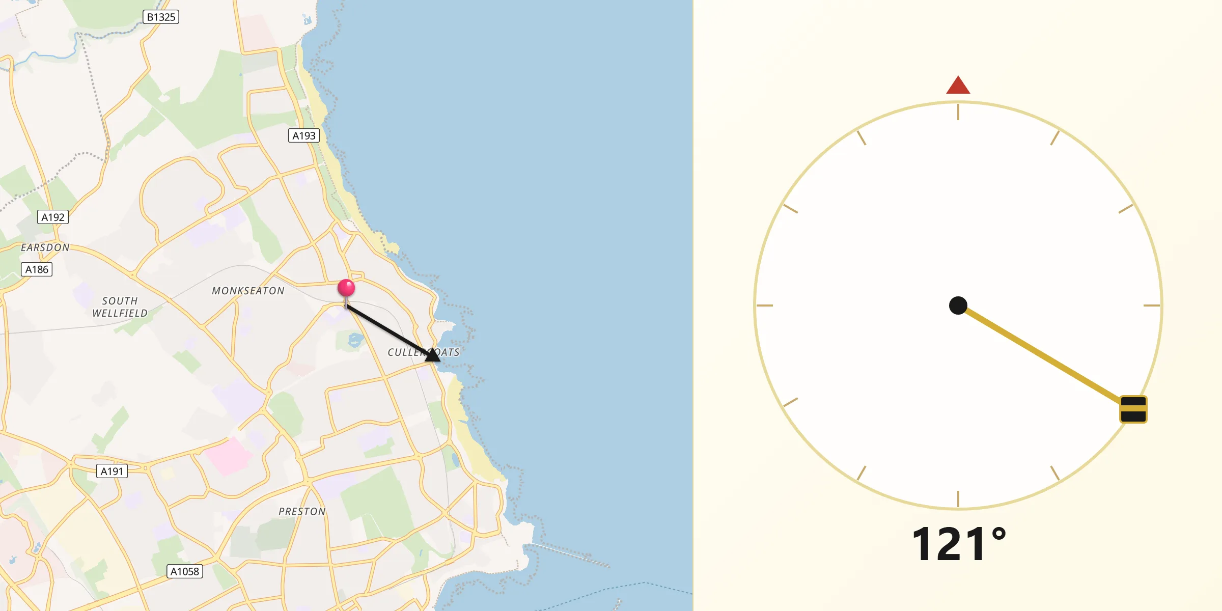 Qibla Direction from Whitley Bay