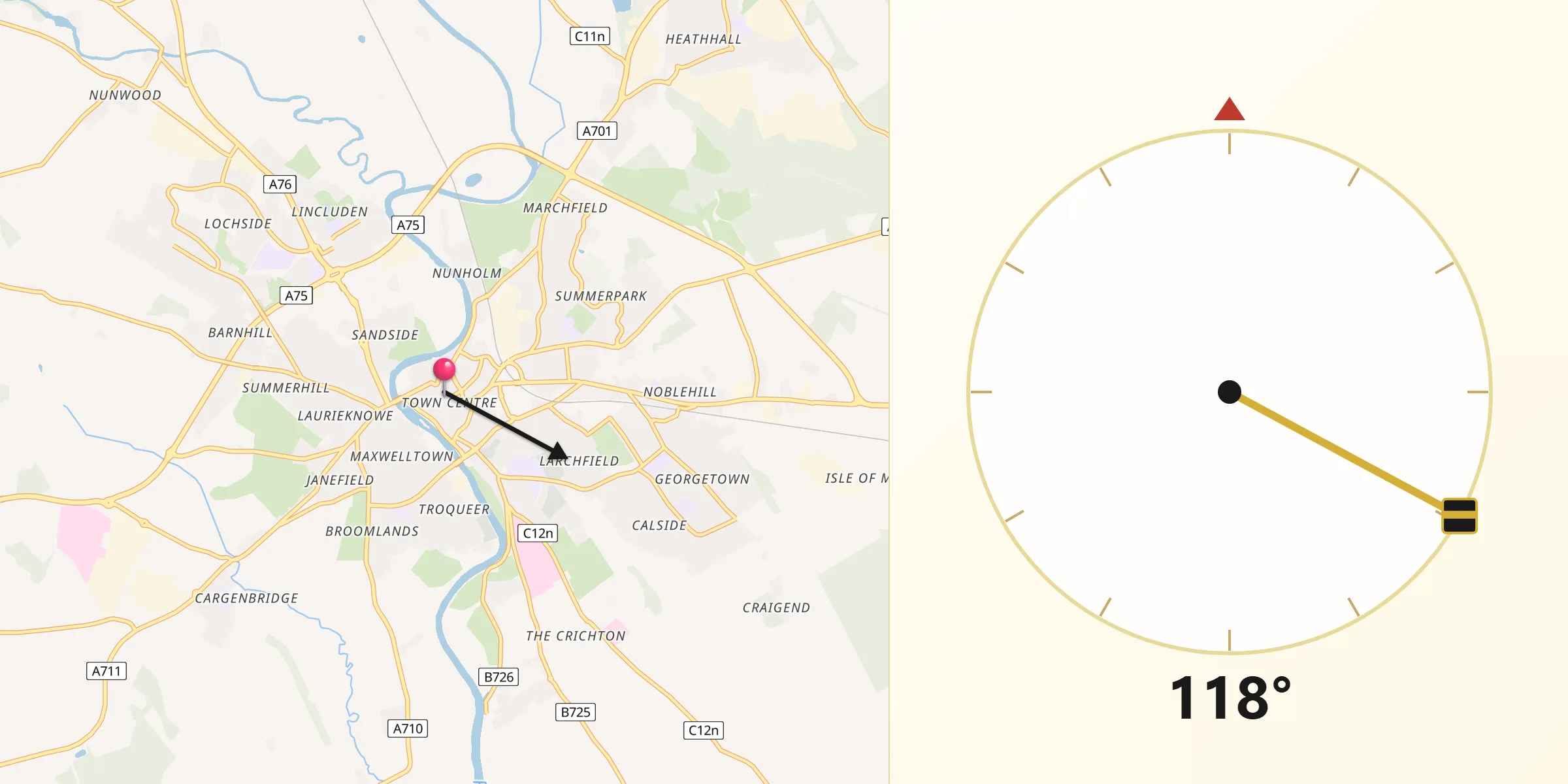 Qibla Direction from Dumfries