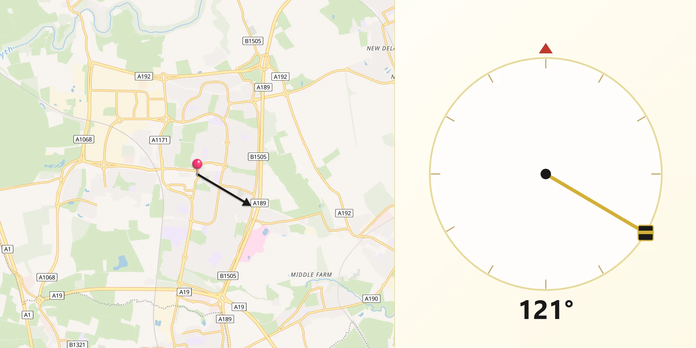 Qibla Direction from Cramlington
