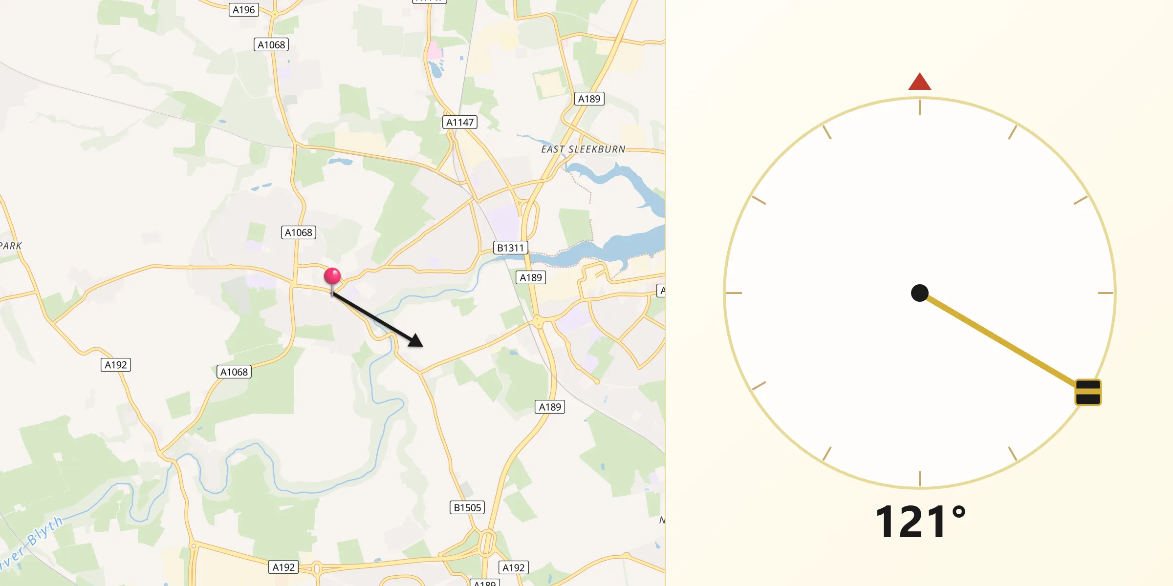Qibla Direction from Bedlington