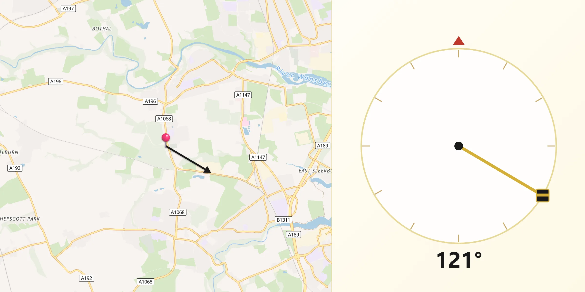 Qibla Direction from Choppington