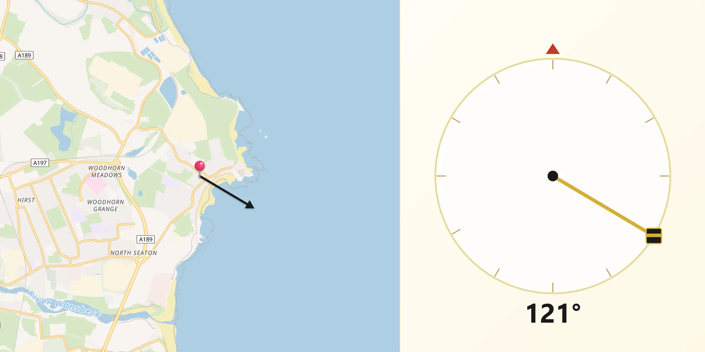 Qibla Direction from Newbiggin-by-the-Sea