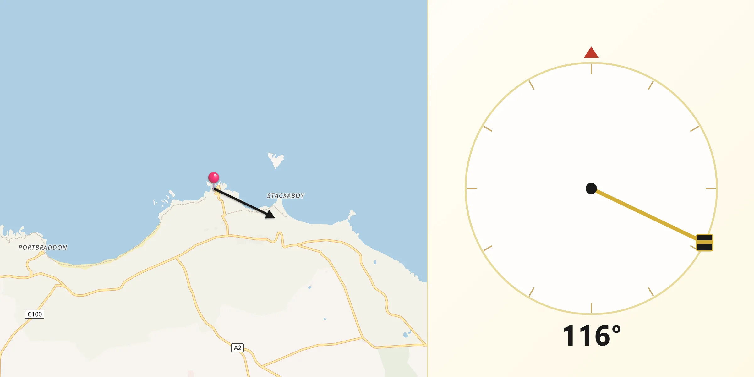 Qibla Direction from Ballintoy Harbour