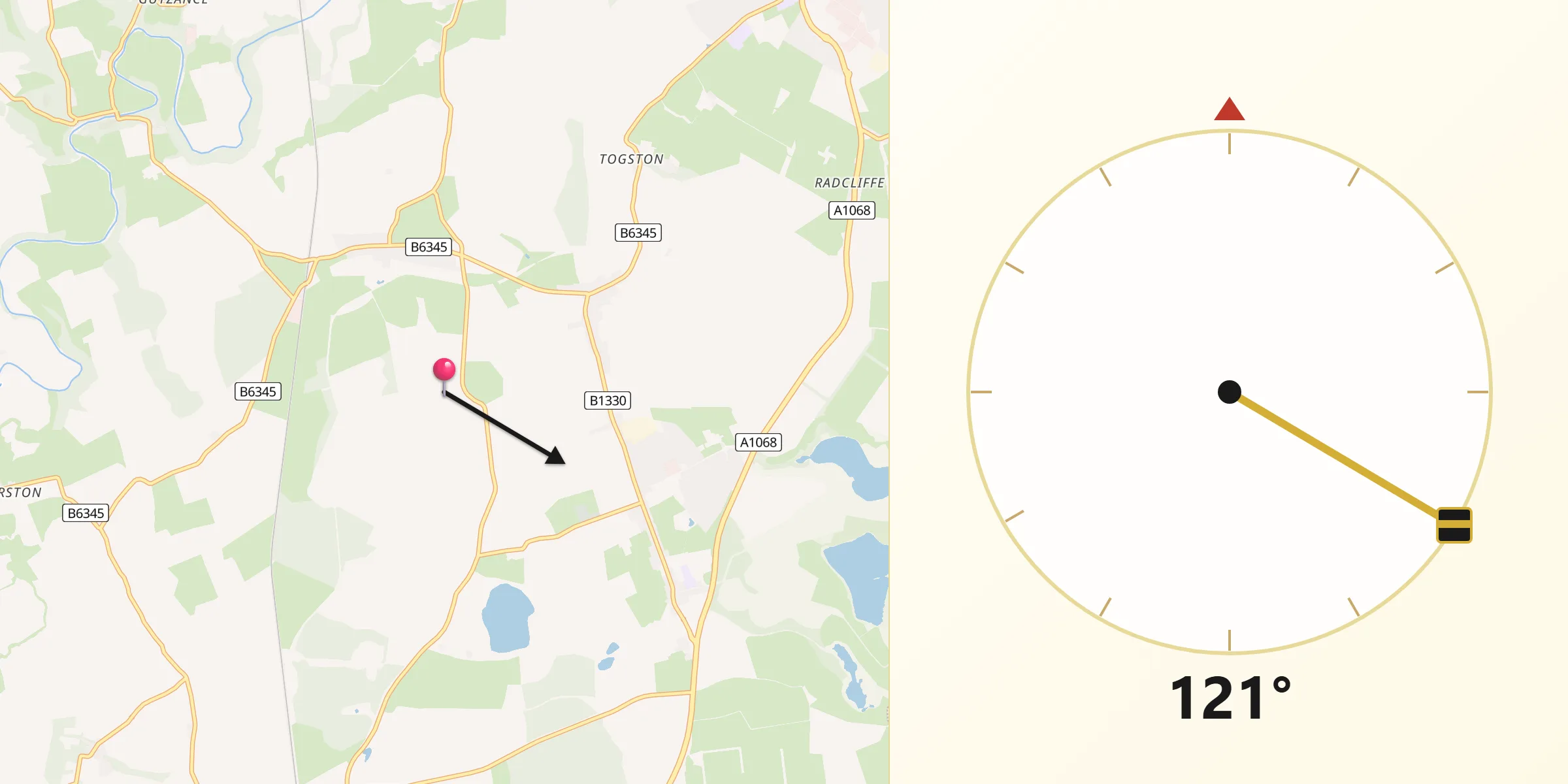 Qibla Direction from Acklington