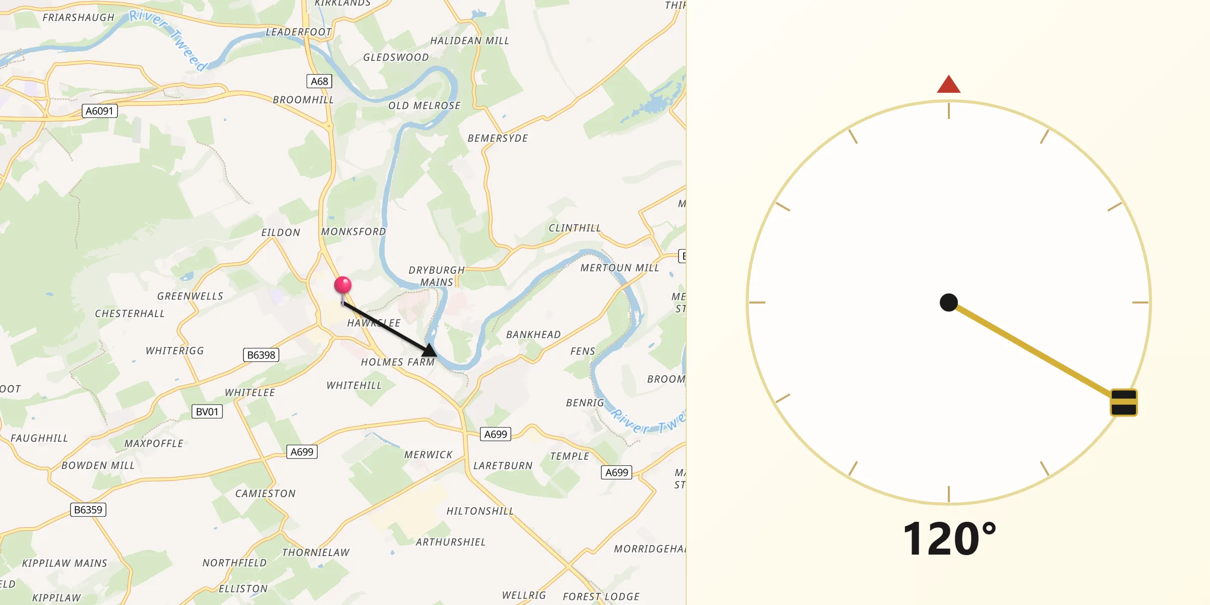 Qibla Direction from Newtown St Boswells