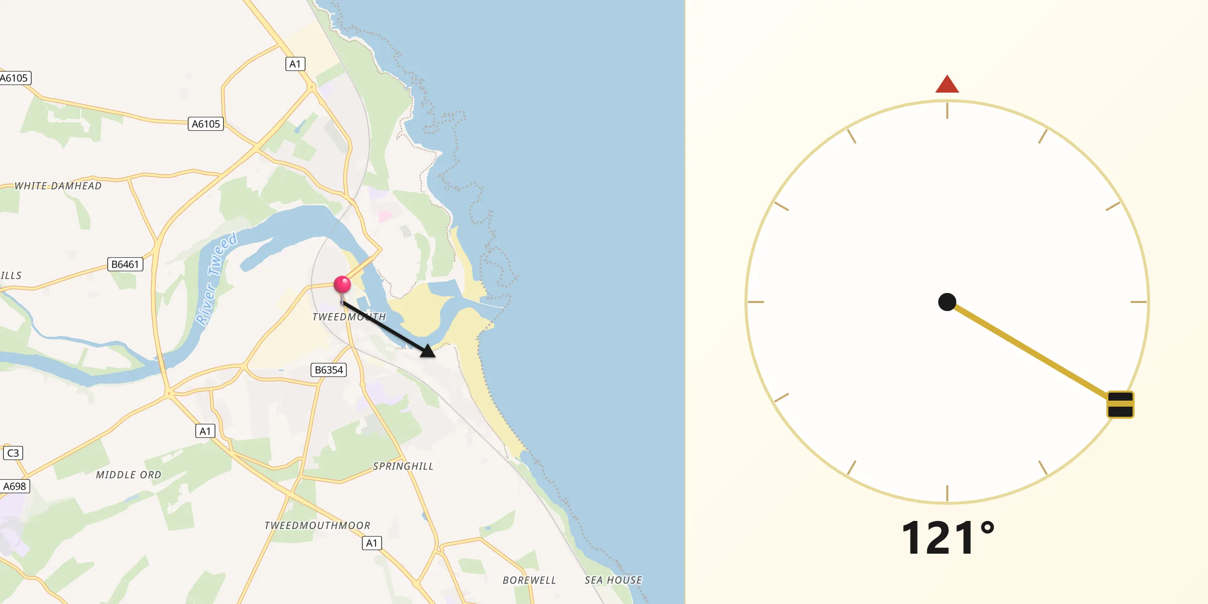 Qibla Direction from Berwick-upon-Tweed