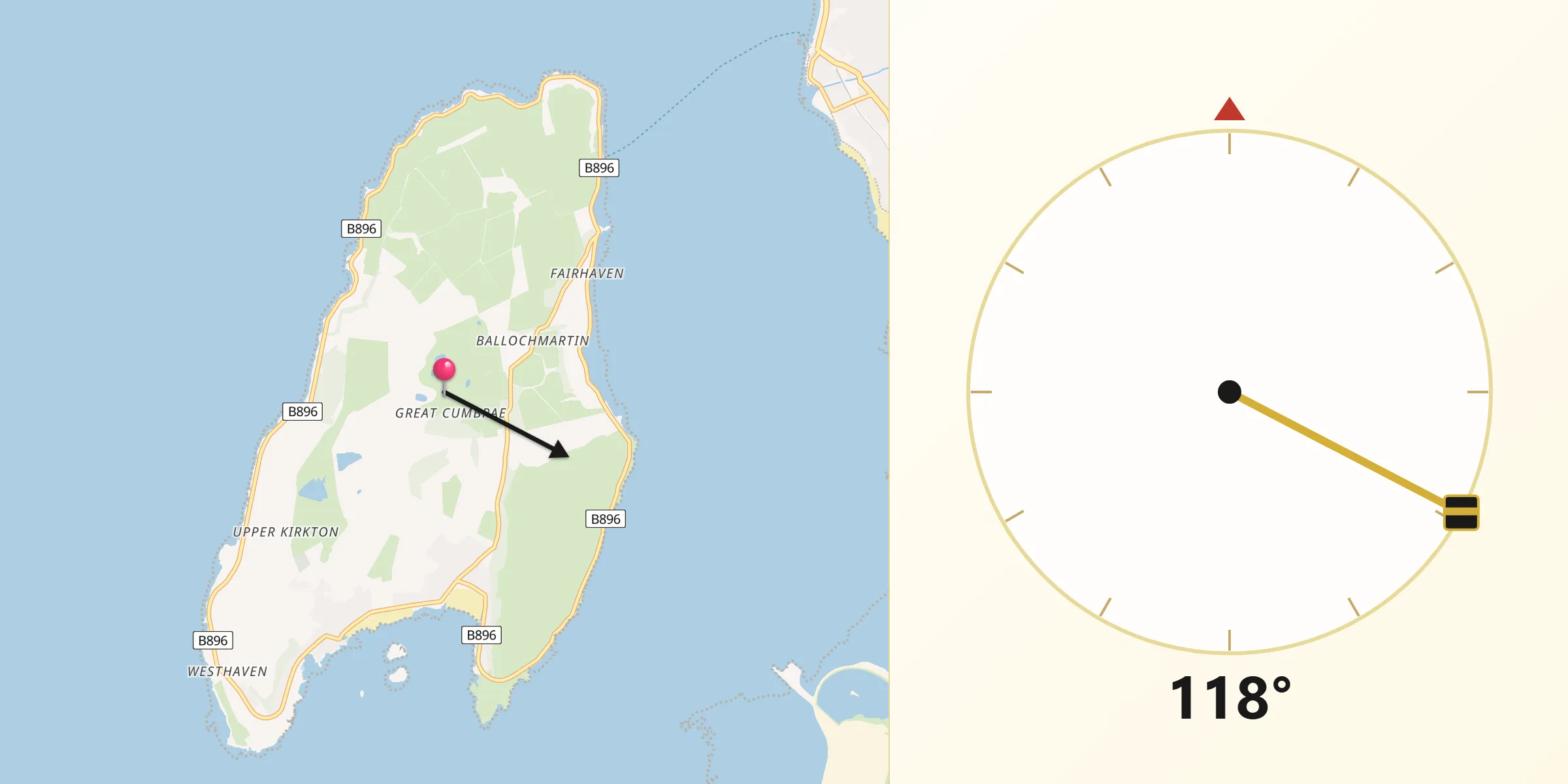 Qibla Direction from Isle of Cumbrae