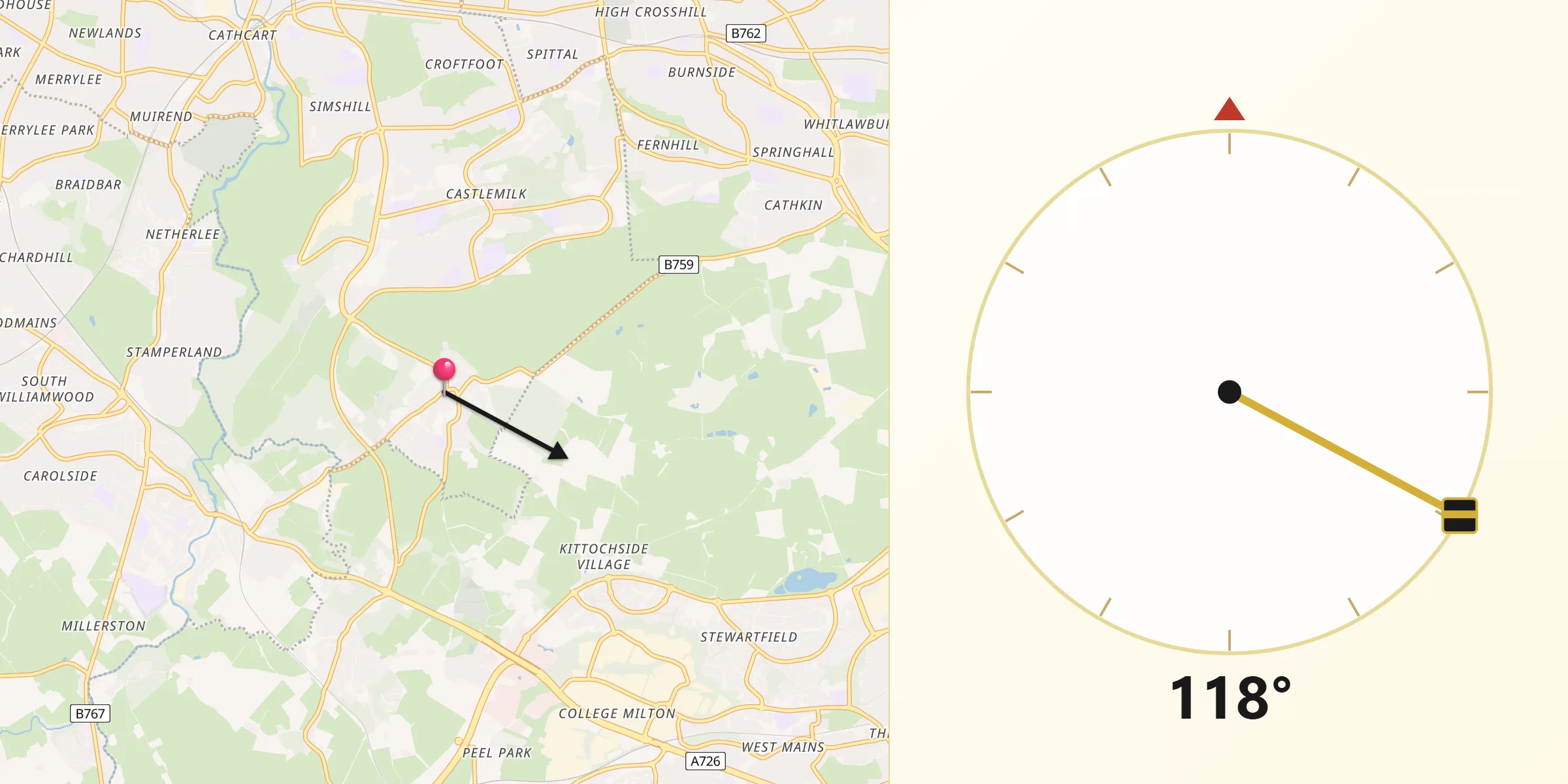 Qibla Direction from Carmunnock