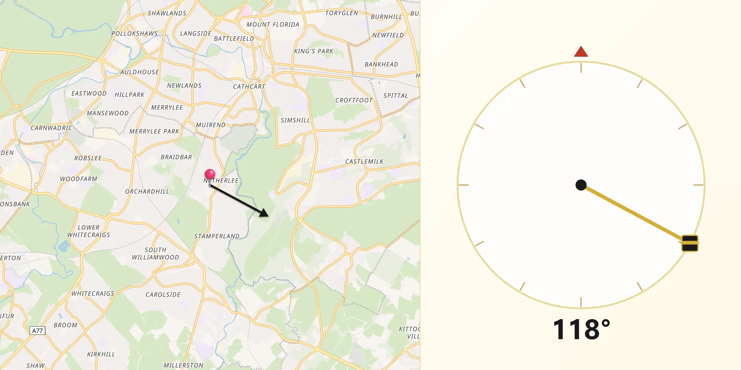 Qibla Direction from Netherlee