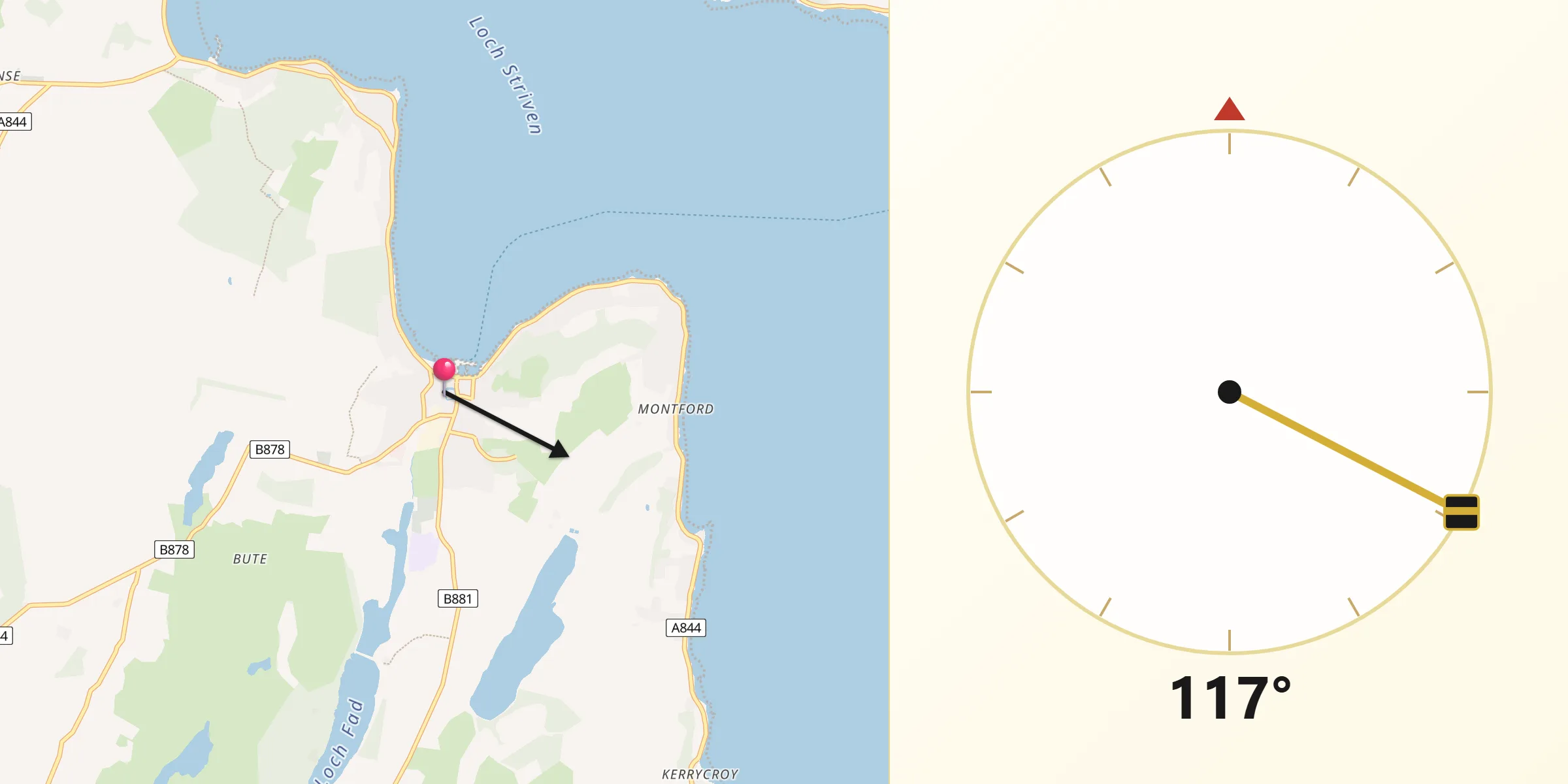 Qibla Direction from Isle of Bute