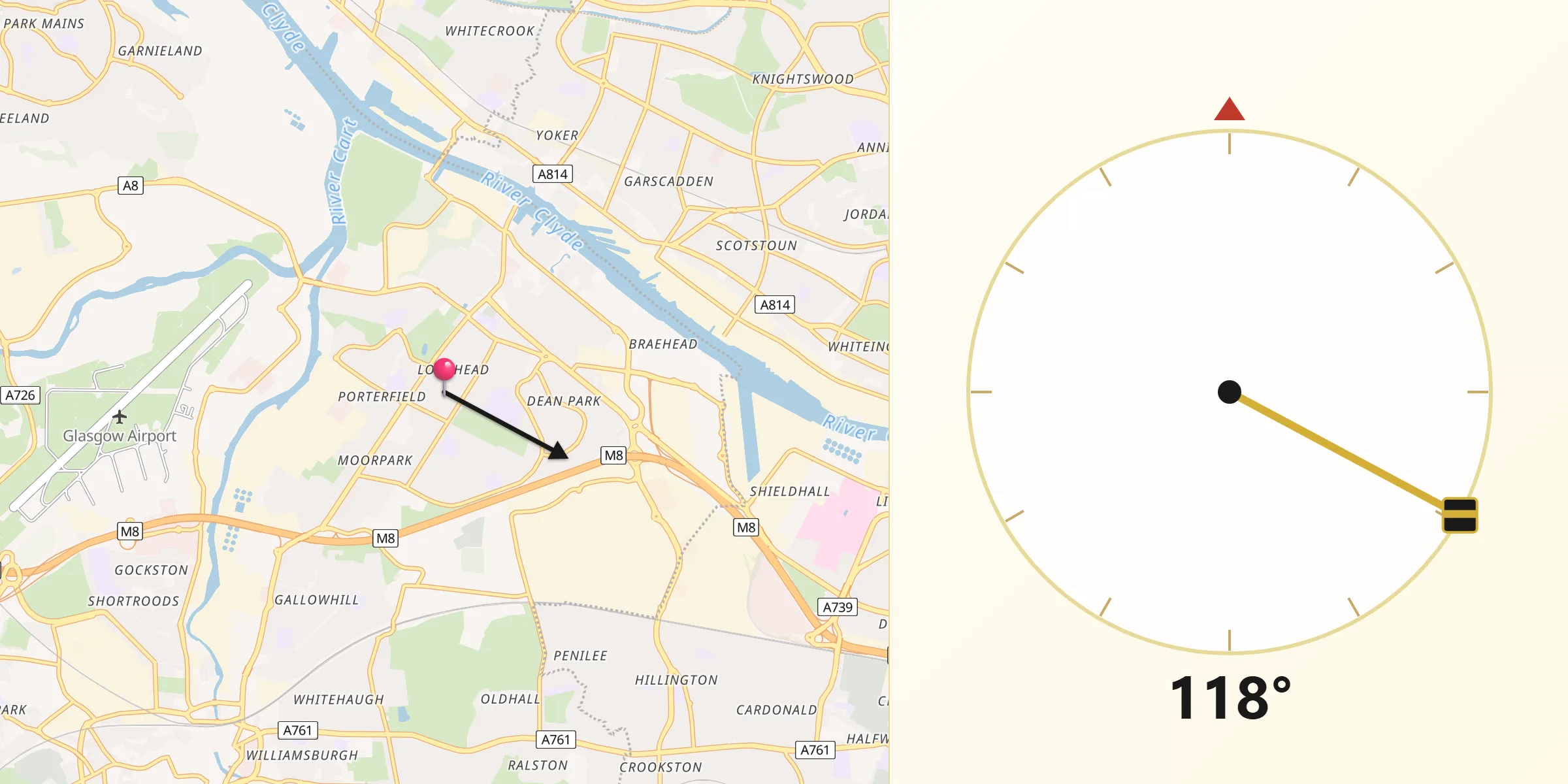 Qibla Direction from Renfrew