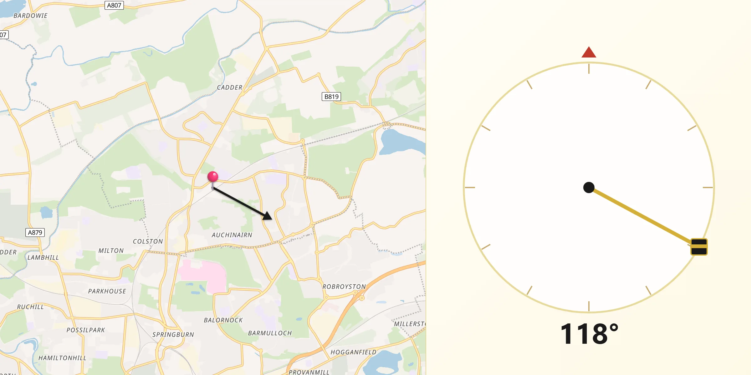 Qibla Direction from Bishopbriggs