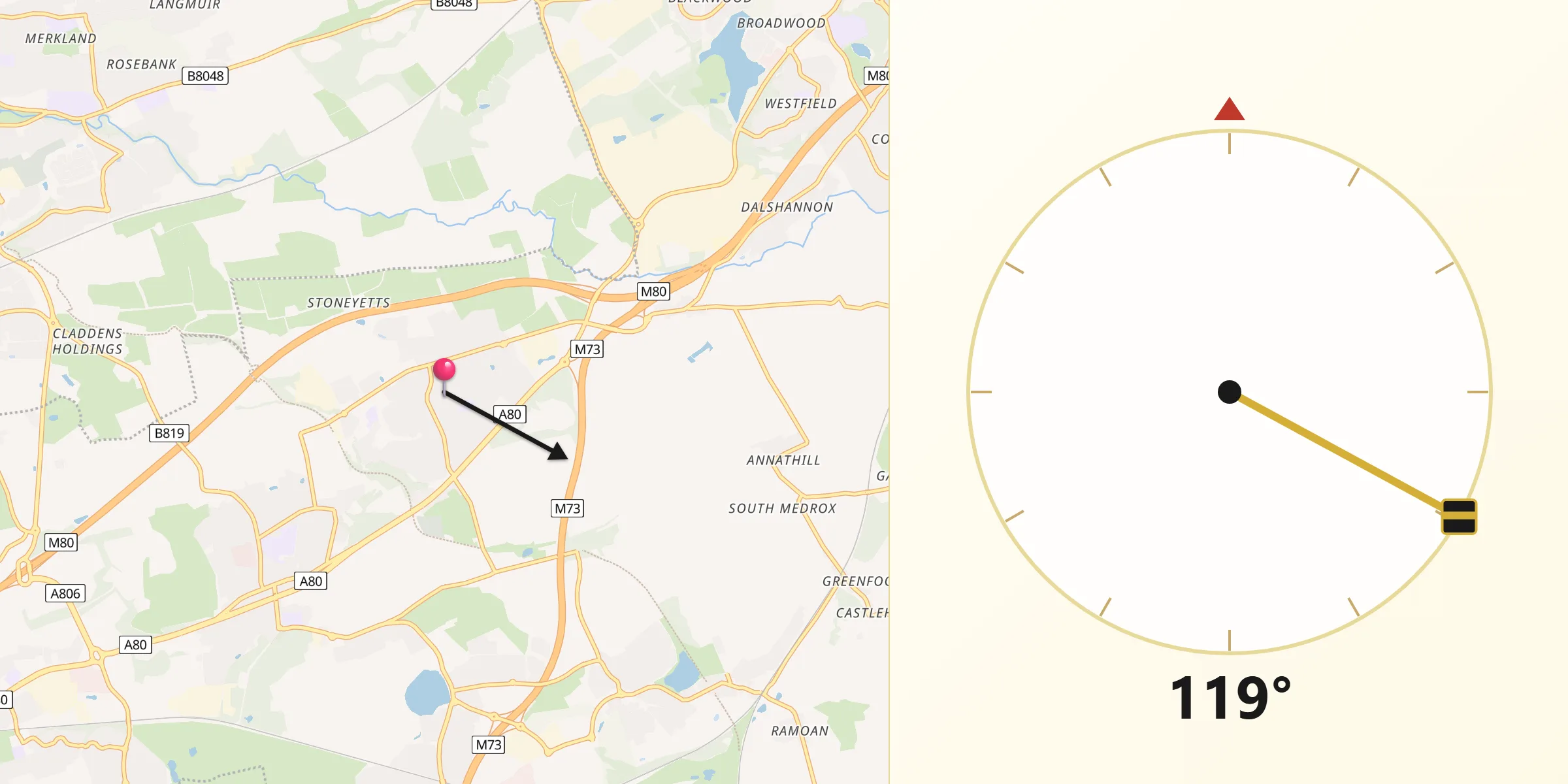 Qibla Direction from Moodiesburn
