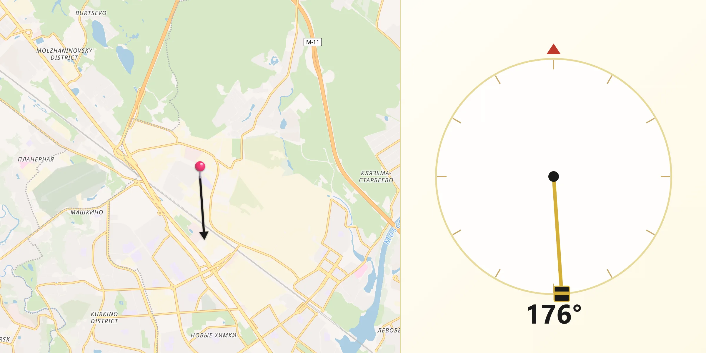 Направление Киблы из Khimki Urban Okrug