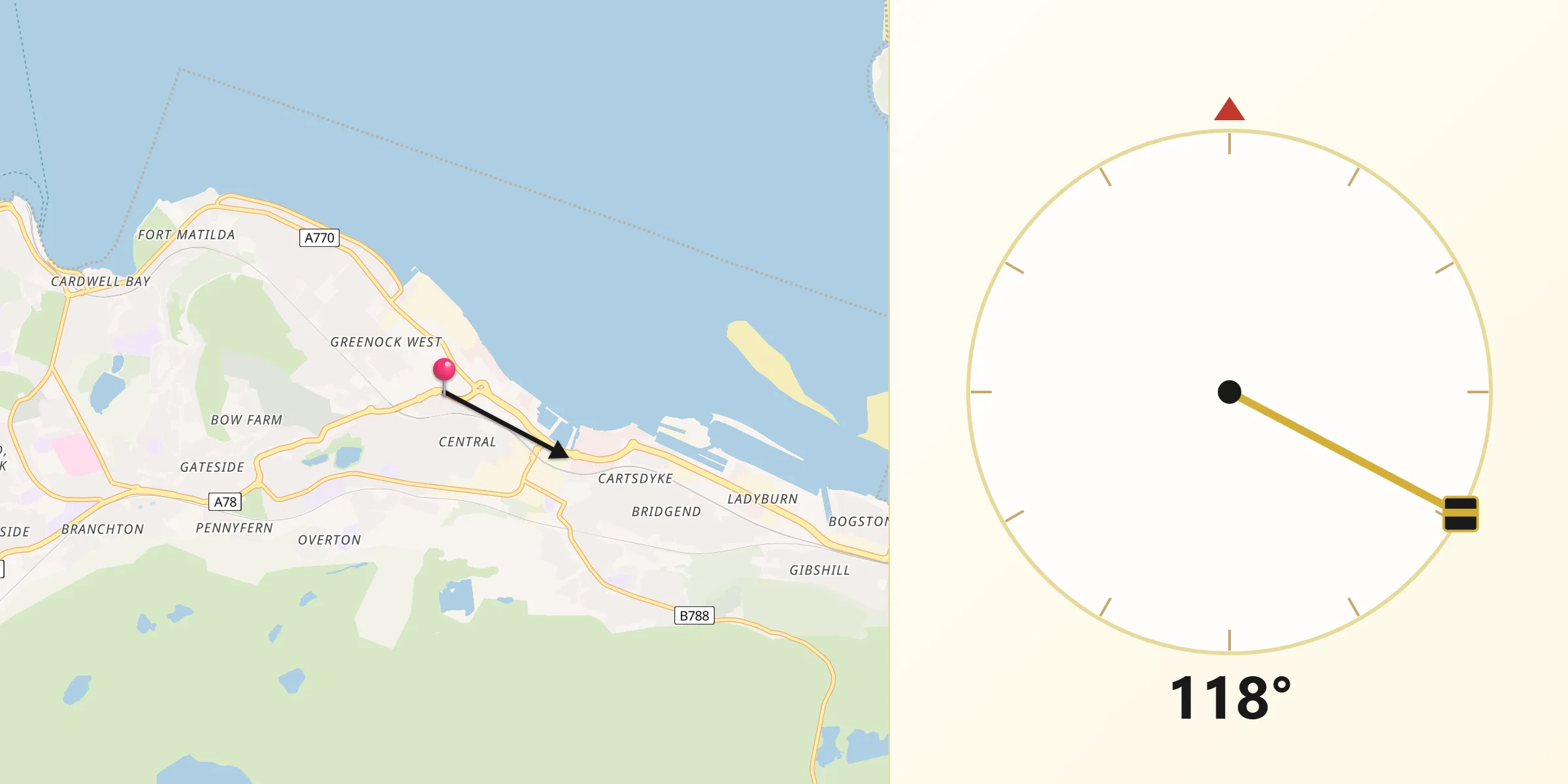 Qibla Direction from Greenock