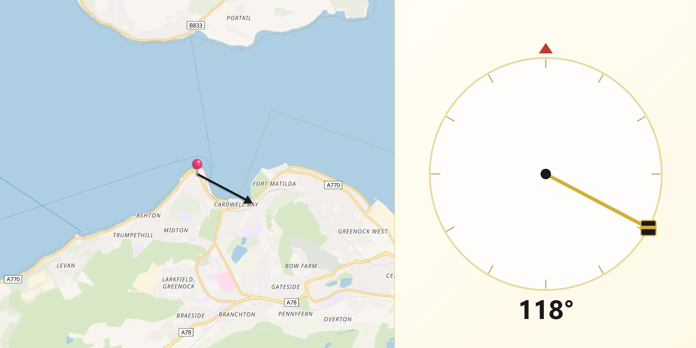 Qibla Direction from Gourock