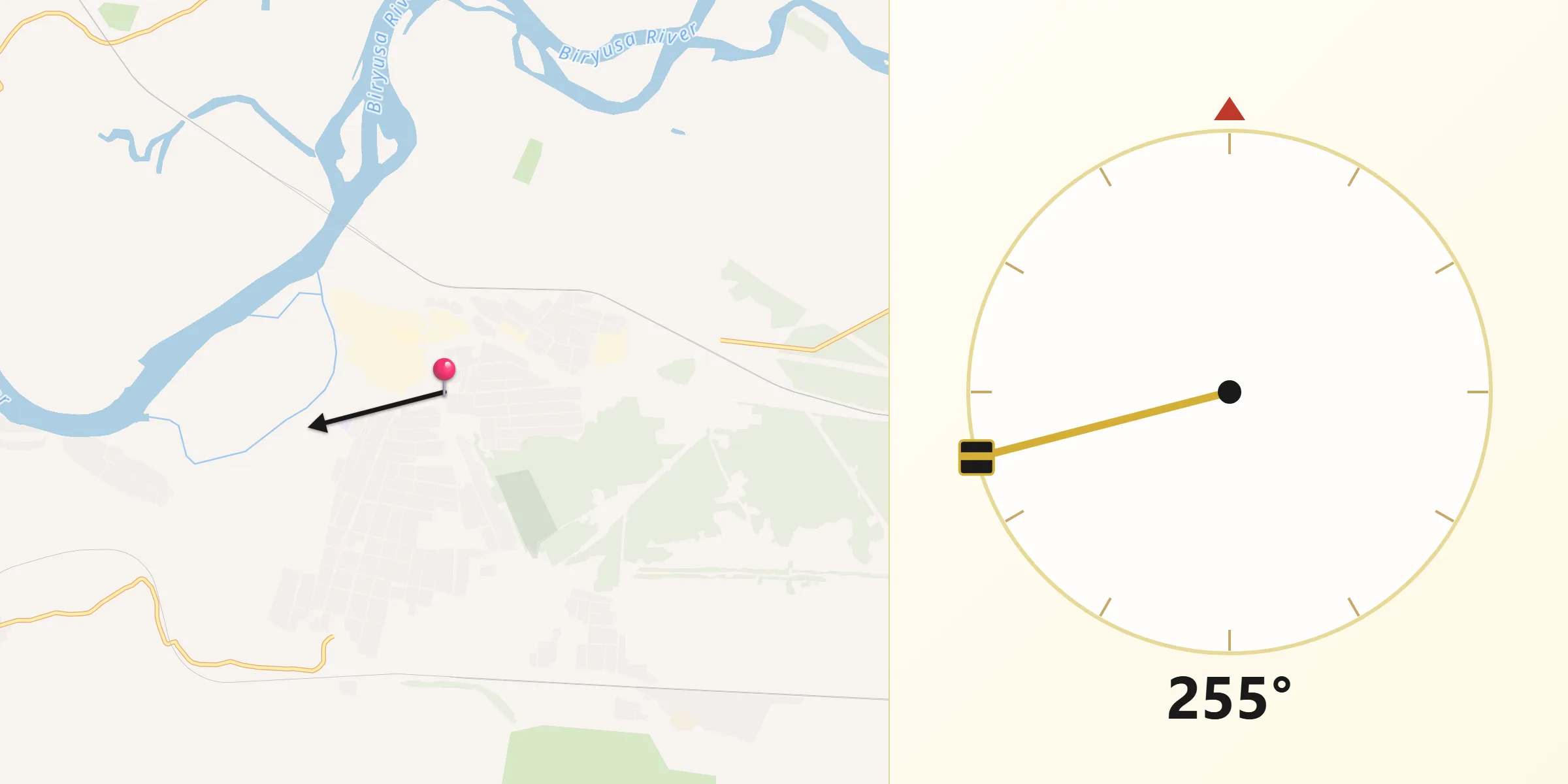 Направление Киблы из Biryusinsk