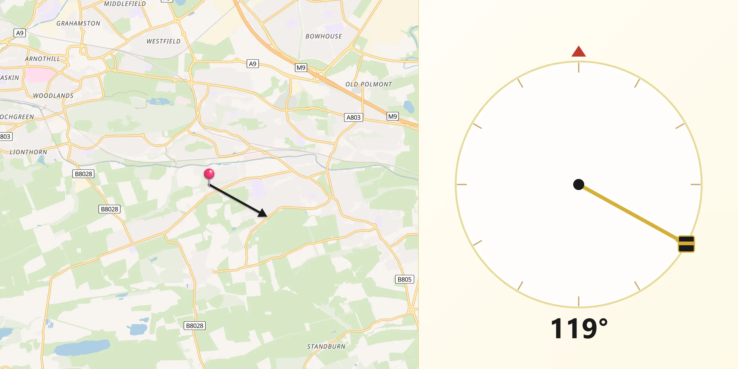 Qibla Direction from Reddingmuirhead