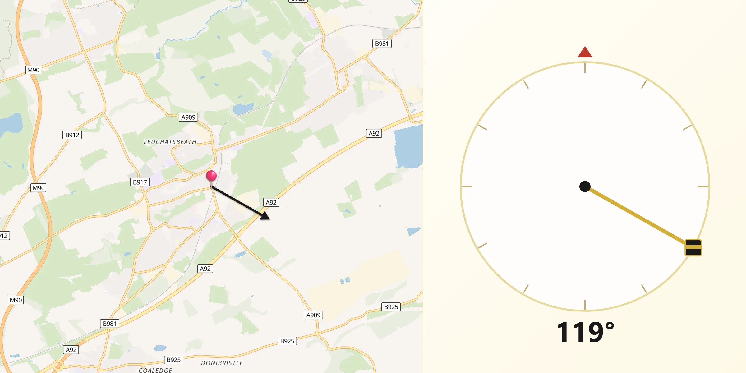 Qibla Direction from Cowdenbeath