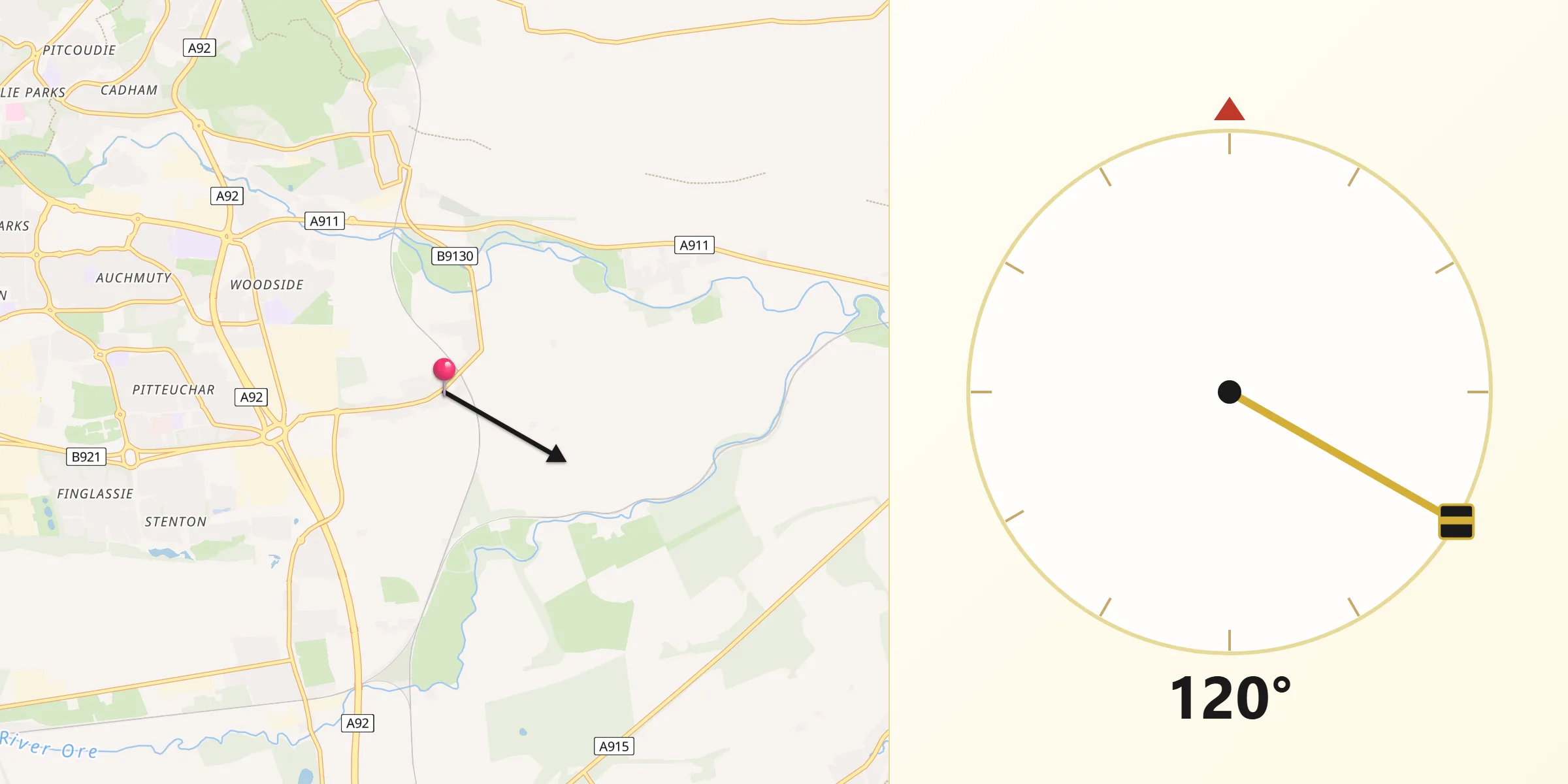 Qibla Direction from Coaltown of Balgonie