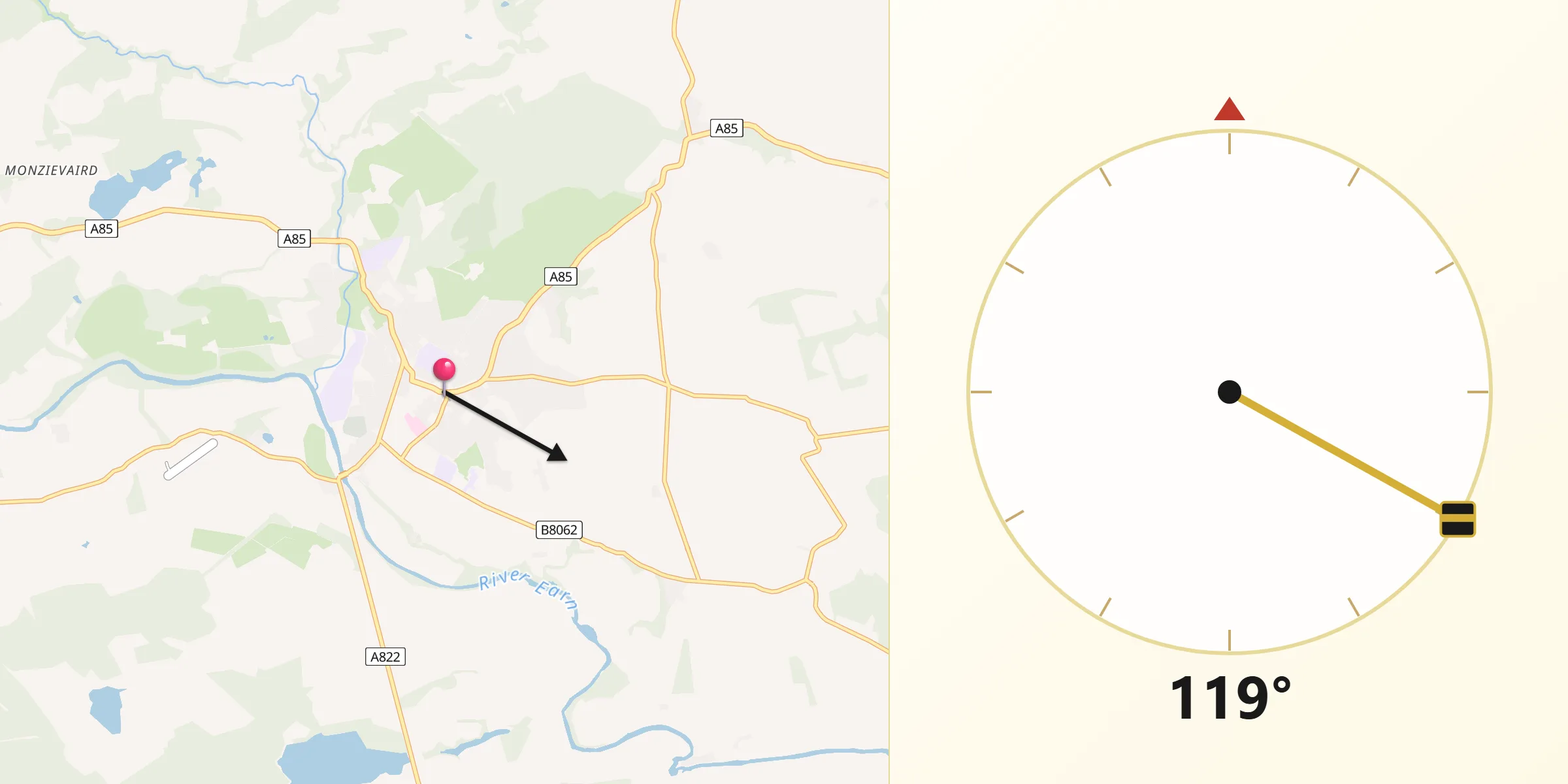 Qibla Direction from Crieff
