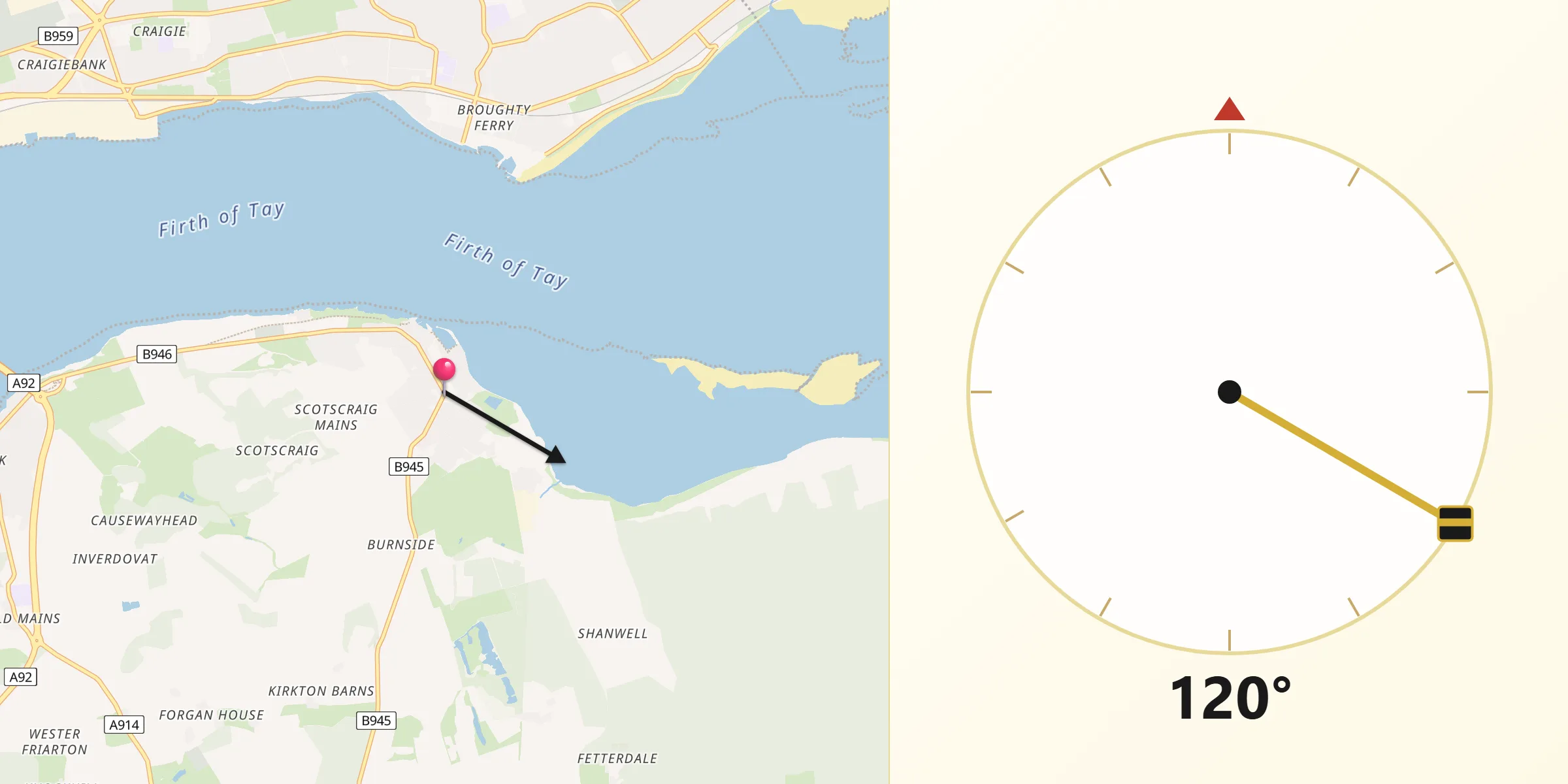 Qibla Direction from Tayport