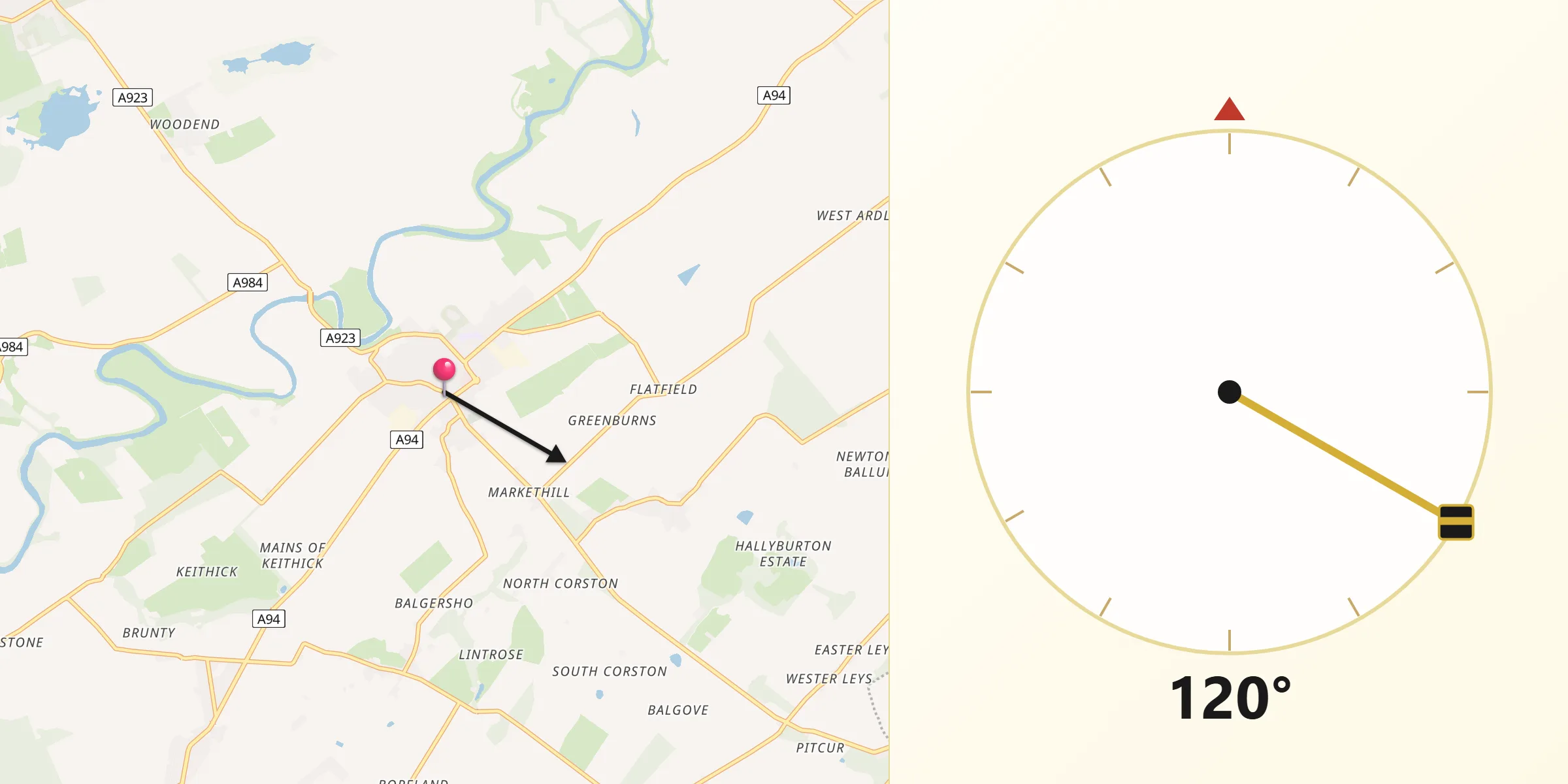 Qibla Direction from Coupar Angus